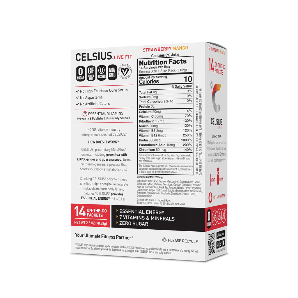 CELSIUS On-the-Go Powder Sticks Strawberry Mango, Essential Energy 14 Sticks per Pack CELSIUSBuy Supplements Australia