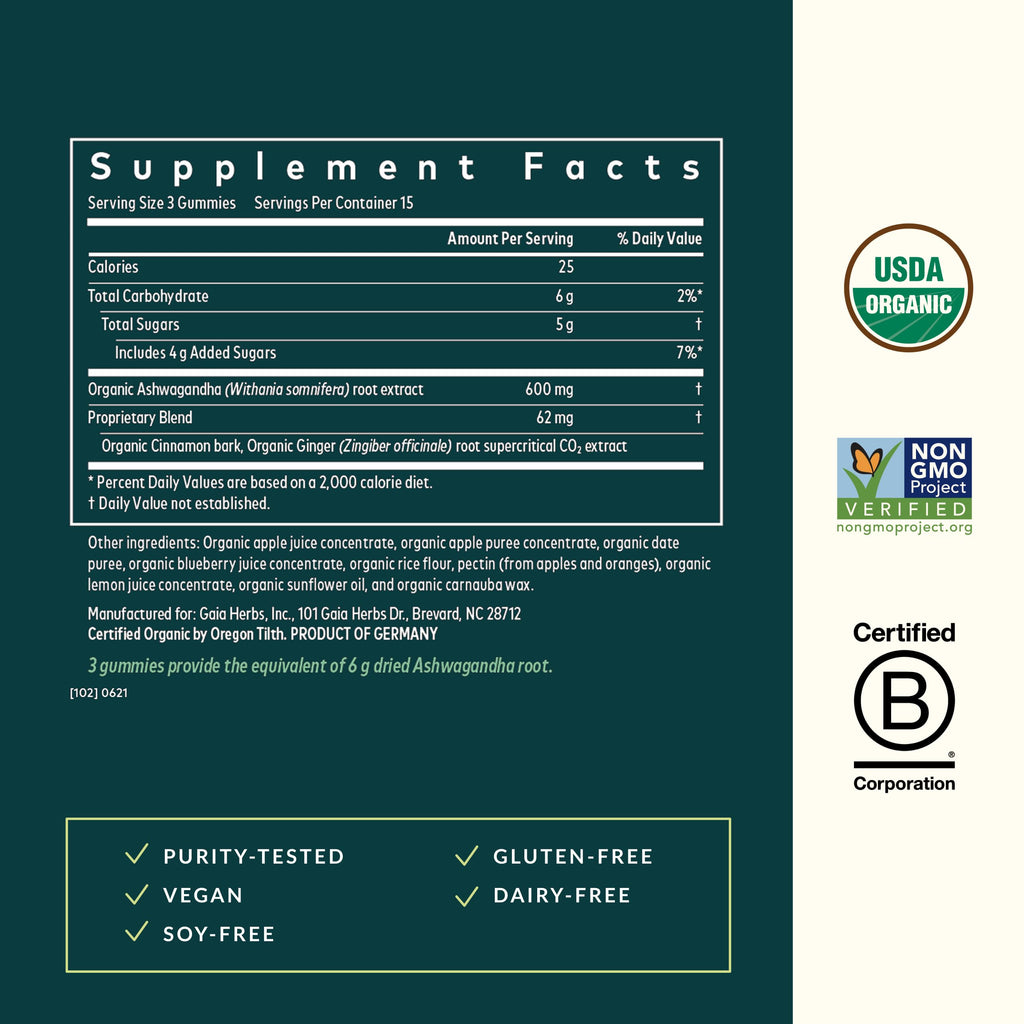 Gaia Herbs Organic Ashwagandha Gummies - Stress Support* - Made with Cinnamon & Ginger - Gluten Free & Vegan - 45 Count (15 Servings) Gaia HerbsBuy Supplements Australia