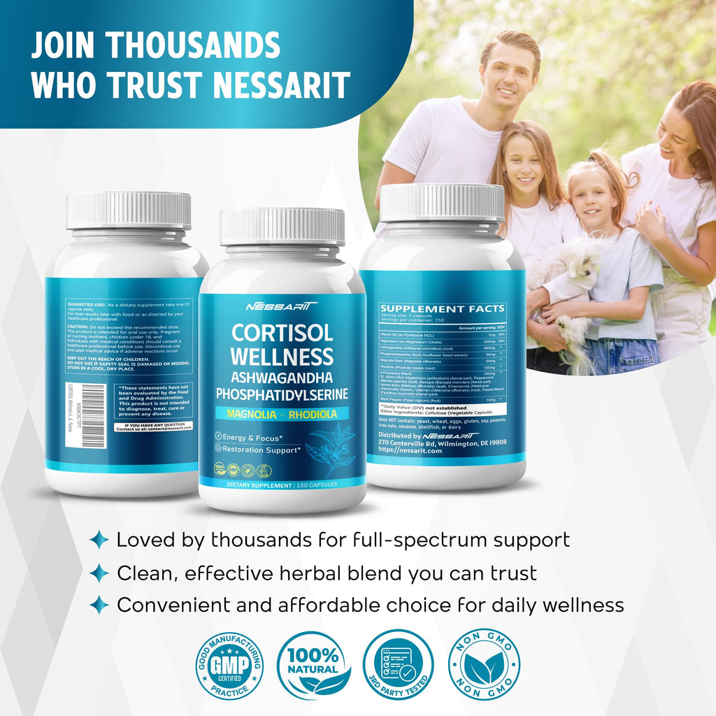 CORTISOL Wellness Ashwagandha 14-in-1 Natural Blend with Phosphatidylserine Magnolia Rhodiola St. John's Wort Peppermint Bacopa - 150 Count NESSARITBuy Supplements Australia