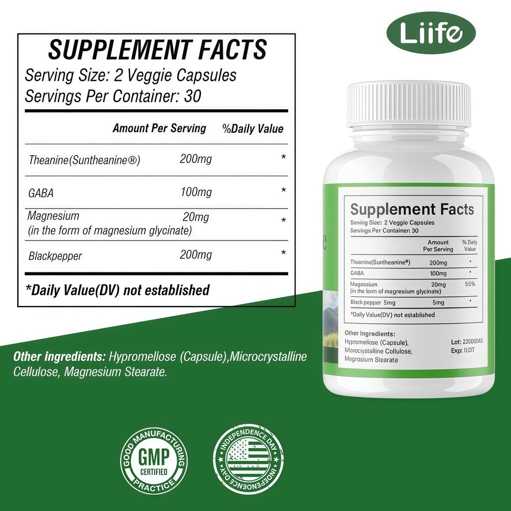 LIIFE L-Theanine (Suntheanine®) with GABA– 60 Veggie Capsules Support with Magnesium & Black Pepper for a Healthy Stress Response, Relaxation, and Focus Increases Brain Alpha-Wave Production* LIIFE buy supplements Au