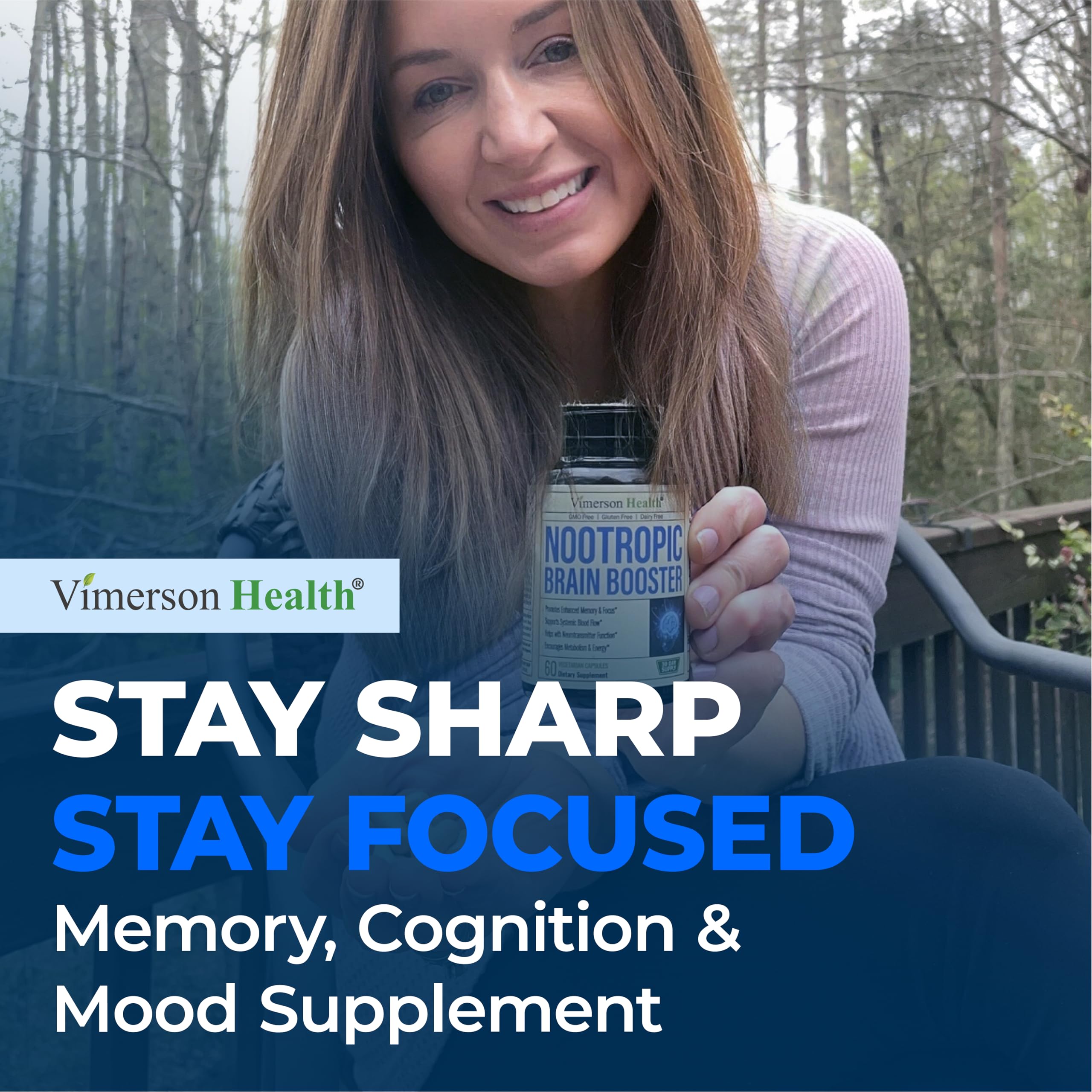 Nootropics Brain Support Supplement - Nootropic Brain Booster for Improved Focus, Concentration & Memory. Brain Nootropic for Brain Health, Mood & Energy Support. Non-GMO. Made in the USA. 60 Capsules Vimerson HealthBuy Supplements Australia