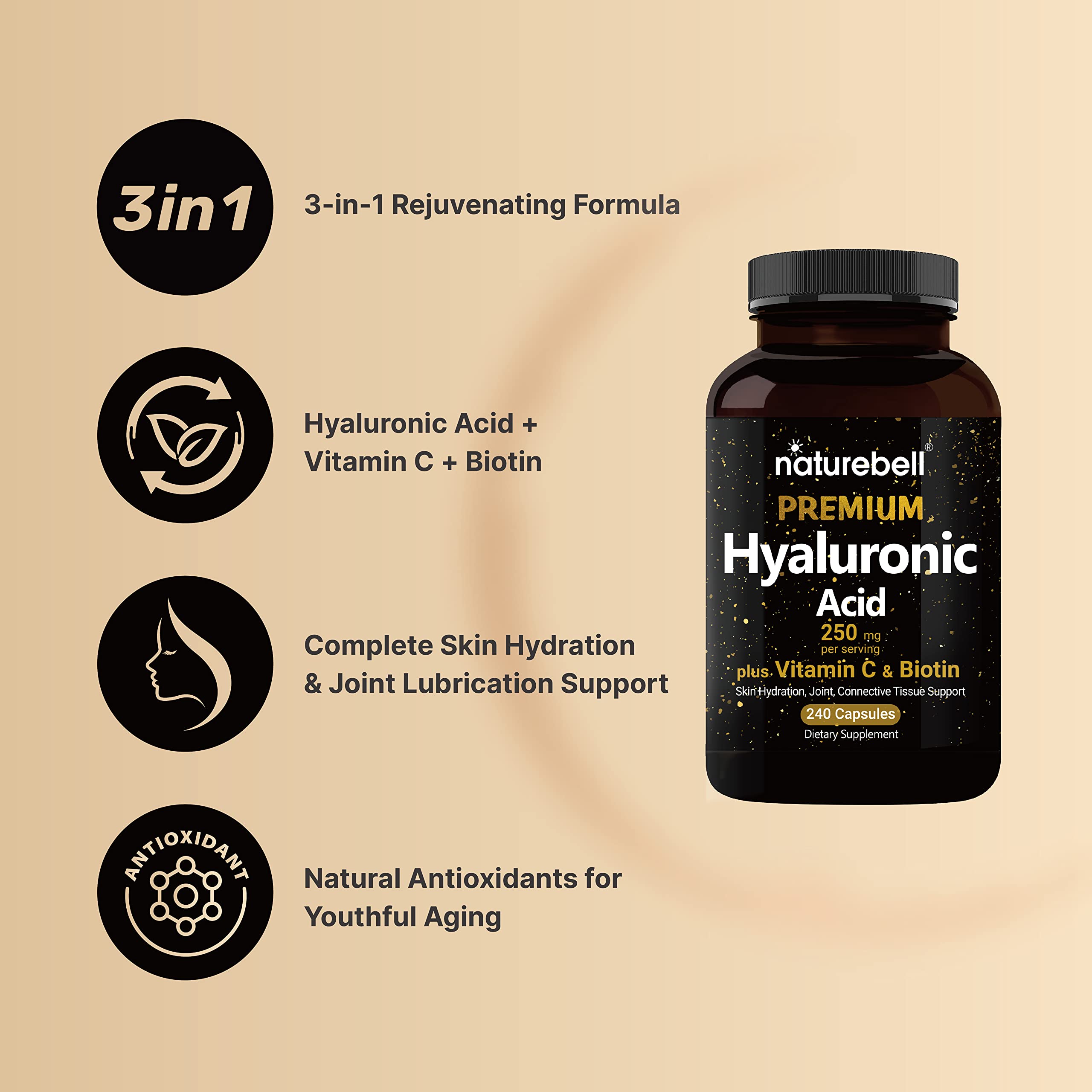 NatureBell 2 Pack Plant Based Hyaluronic Acid Supplements 250mg with 25mg Vitamin C NatureBellBuy Supplements Australia