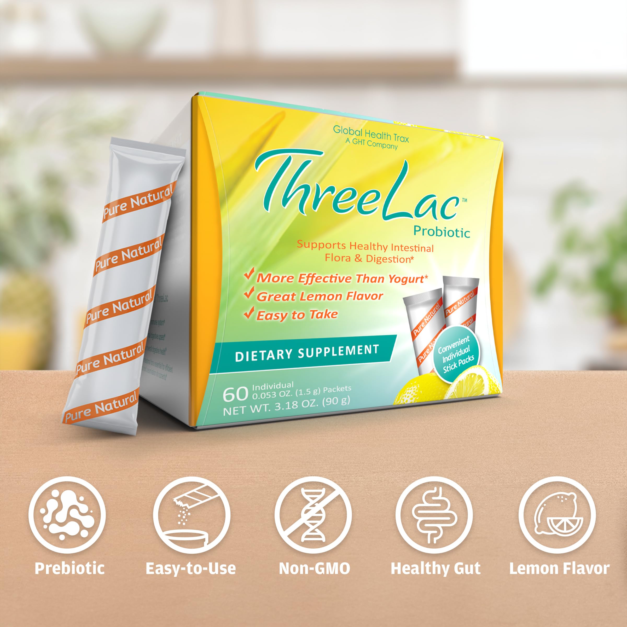 Global Health Trax GHT - ThreeLac Lemon Probiotic Drink Mix for Digestive Health - Advanced Probiotic Powder Formula for Men, Women & Kids - Immune Support & Gut Balance, Non-GMO - 60 Packets ght Global Health TraxBuy Supplements Australia