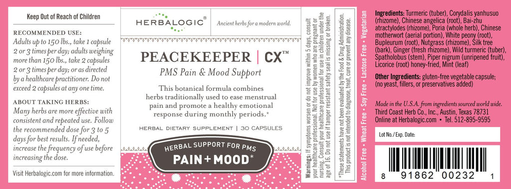 Herbalogic - Peacekeeper CX Herb Capsules - Reduces PMS Related Mood Swings - Reduces Cramps & Pain Associated with Monthly Periods - Contains Turmeric & Corydalis - 30 Cap Count HerbalogicBuy Supplements Australia