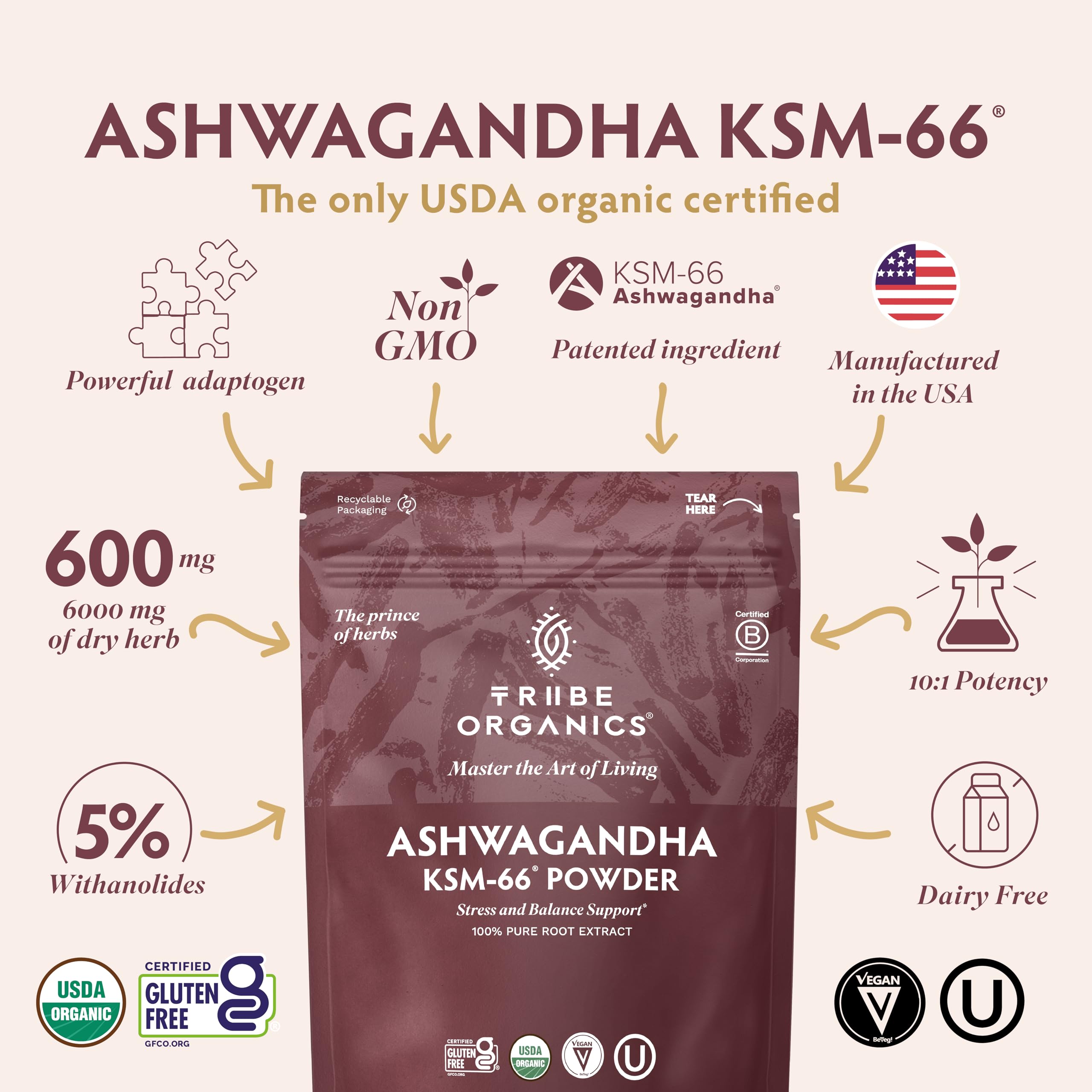 TRIBE ORGANICS KSM-66 Ashwagandha Root Extract Powder Ayurvedic Herb for Mood Support | Increase Energy | Strength - Organic | Natural | Gluten Free | Non GMO | Full-Spectrum - 100g Pouch TRIBE ORGANICSBuy Supplements Australia