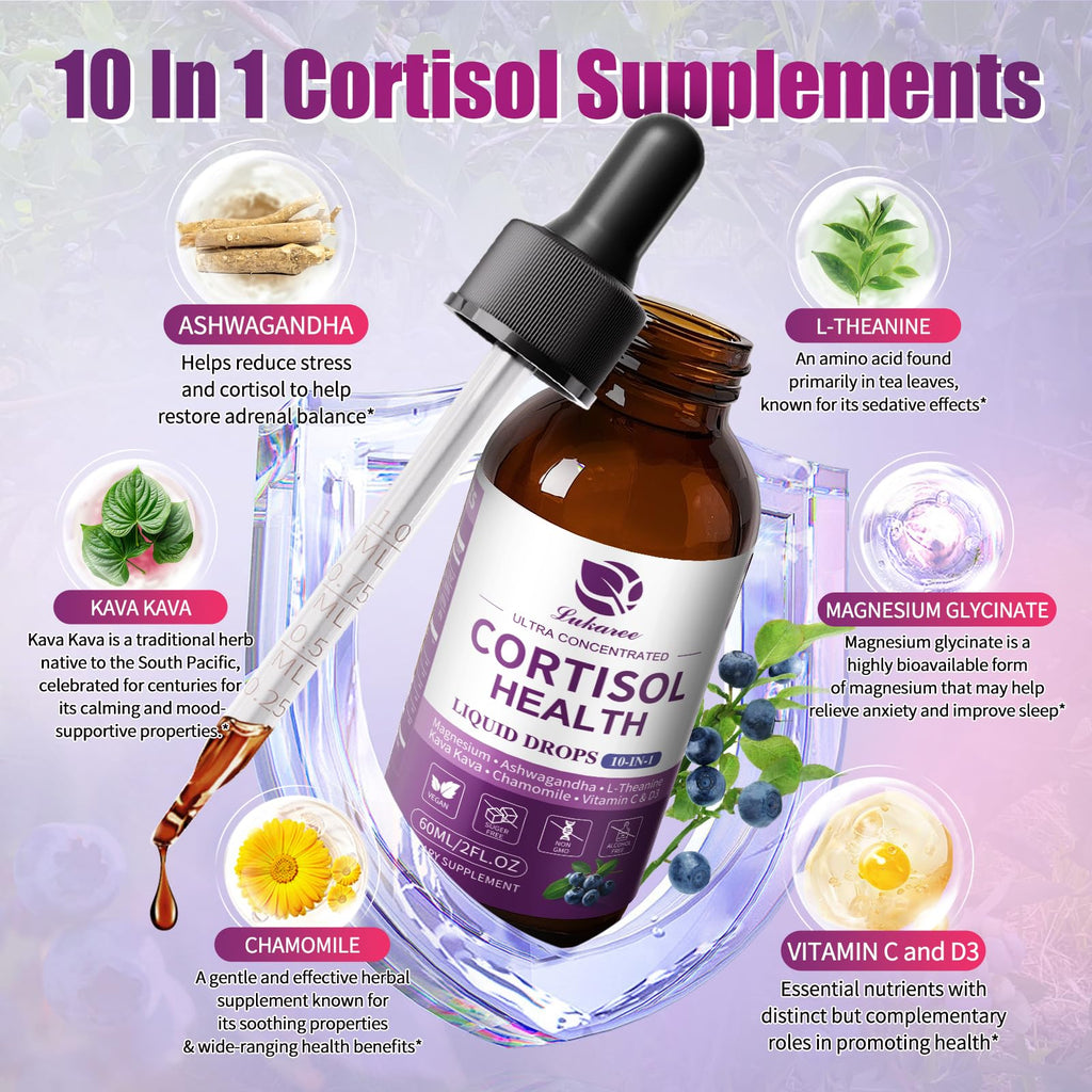 Lukaree Cortisol Supplements for Women, 10 in 1 Cortisol Reducer Detox with Ashwagandha, L-theanine, Kava Kava, Magnesium, Lower Cortisol, Mood, Focus, Sleep Support - 2 FL.OZ, Blueberry Flavor LukareeBuy Supplements Australia