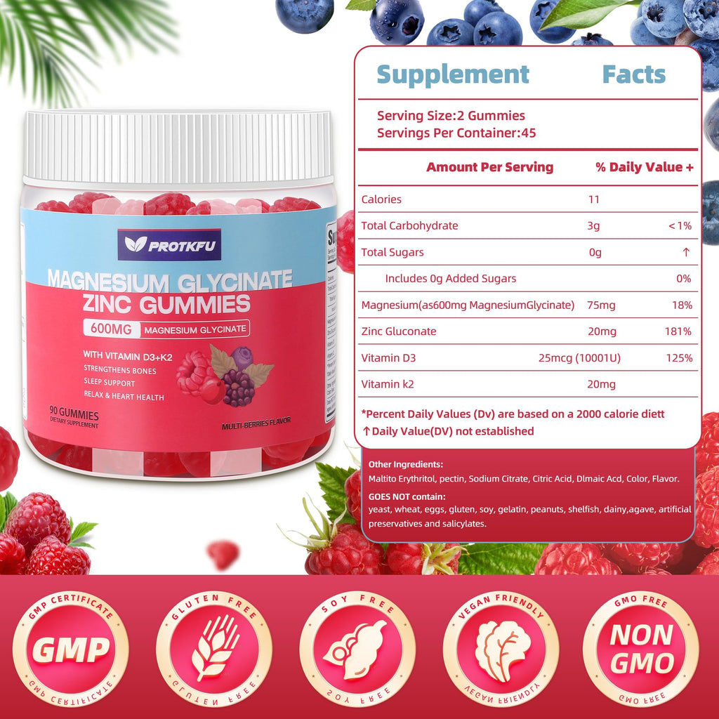 90 CT Magnesium Glycinate Gummies 600mg, Sugar Free Magnesium Gummies w/Zinc & Vitamin D3 & K2 - Magnesium Supplements for Sleep, Supports Bone Health, Nerve & Immune Function ProTKFUBuy Supplements Australia