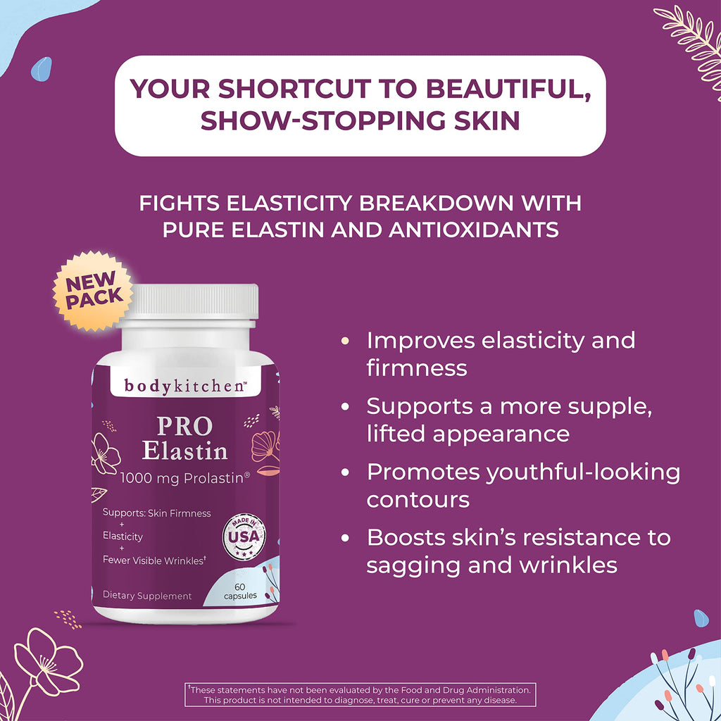 Body Kitchen Pro-Elastin, 1000 mg Elastin Supplement, Help Reduce Signs of Aging, Improved Skin Health, Firmness & Elasticity, Fewer Wrinkles, Veggie Caps, (Pack of 1) Body Kitchen buy supplements Au