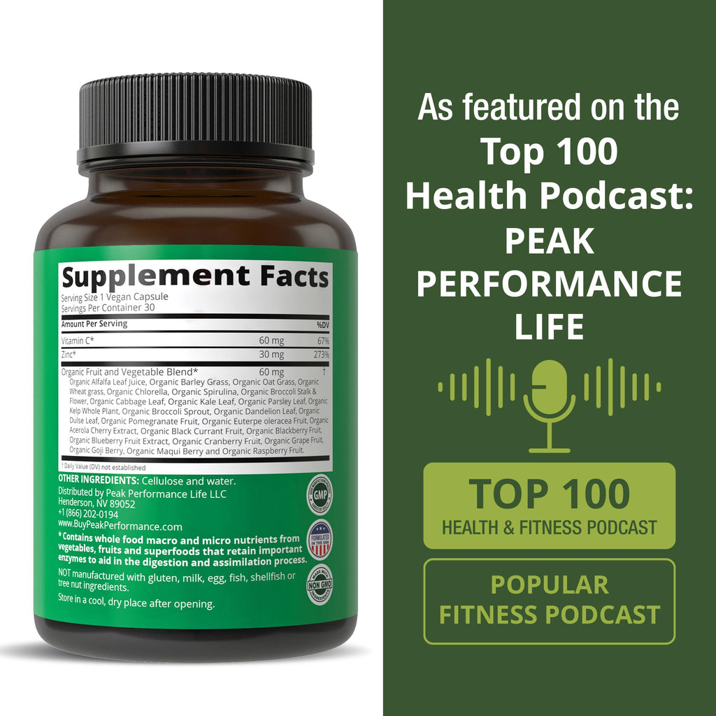 Vegan Zinc Supplement with Vitamin C + Whole Food Blend of 25 Vegetables and Fruits for Max Absorption. Zinc Supplements 30mg Capsules, Pills, Tablets, Vitamins for Adults Both Men and Women Peak PerformanceBuy Supplements Australia