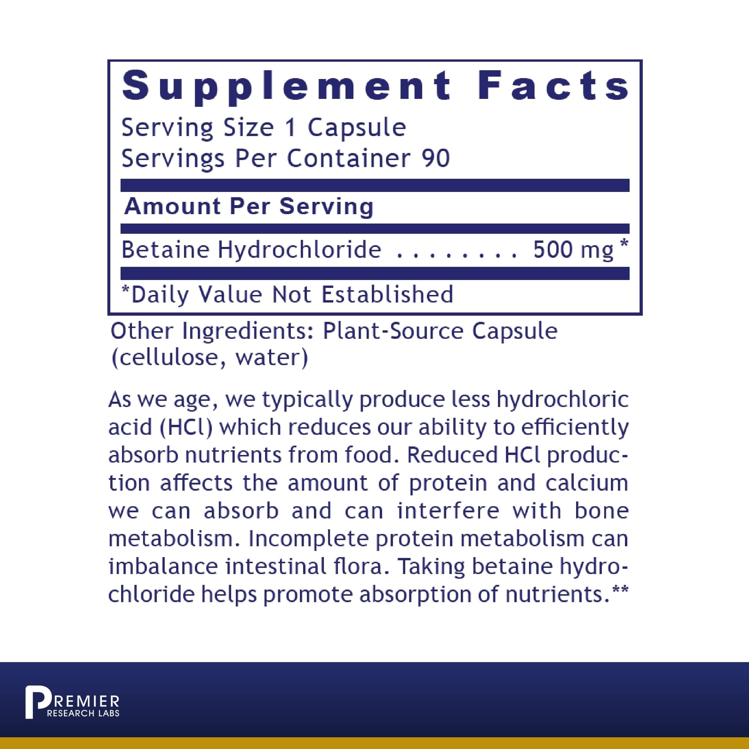 Premier Research Labs Premier HCL - Betaine HCL, Betaine Hydrochloride Supplement for Optimal Digestive Function, Nutrient Absorption, Betaine-HCL for Low Stomach Acid- 90 Vegetarian Capsules Premier Research LabsBuy Supplements Australia