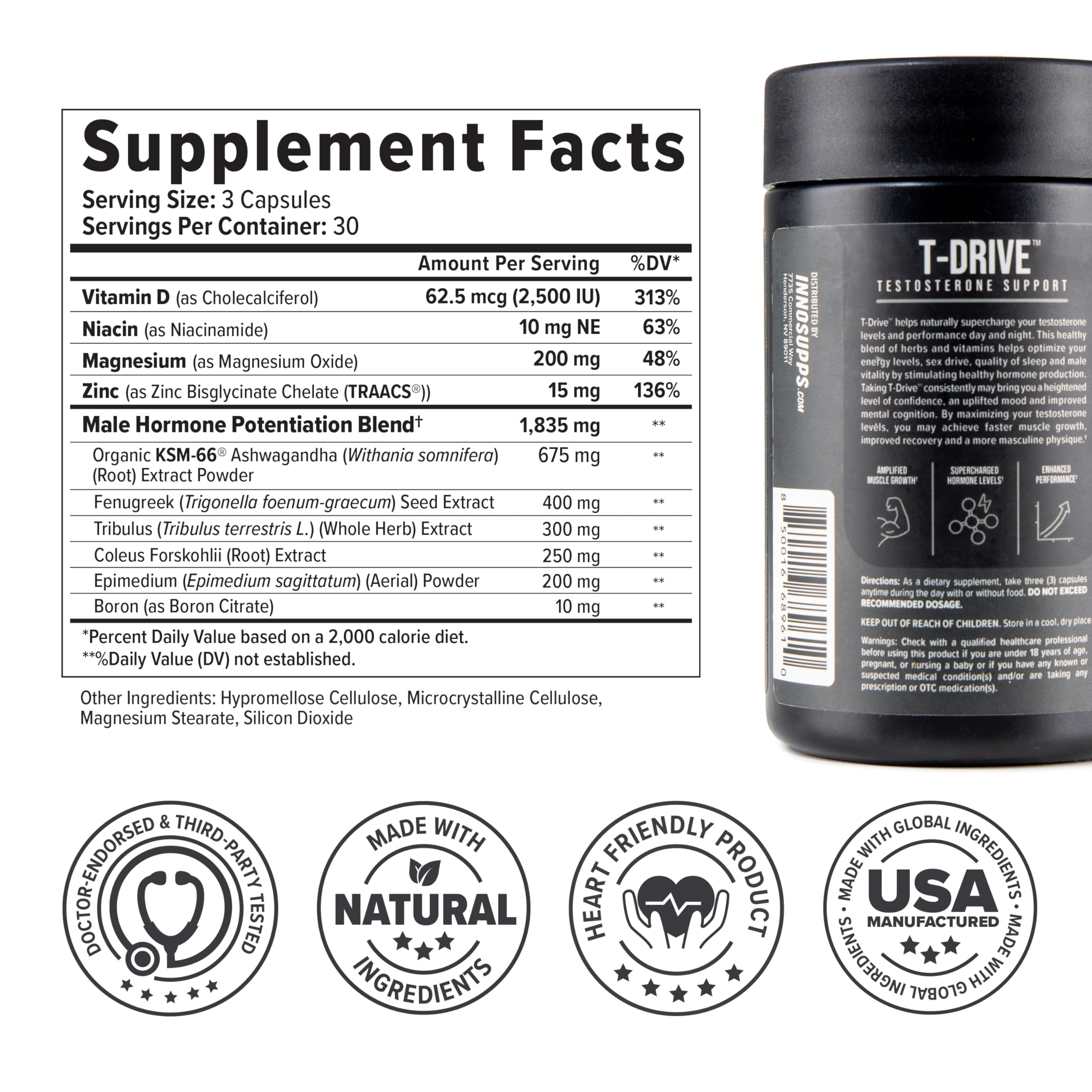 InnoSupps T-Drive Testosterone Booster Enhance Performance Amplify Muscle Growth, Increase Libido & Energy Levels w/KSM-66 Ashwagandha, Magnesium, Vitamin D, Niacin Boron, Fenugreek, 90 Caps, 30 Days InnoSuppsBuy Supplements Australia