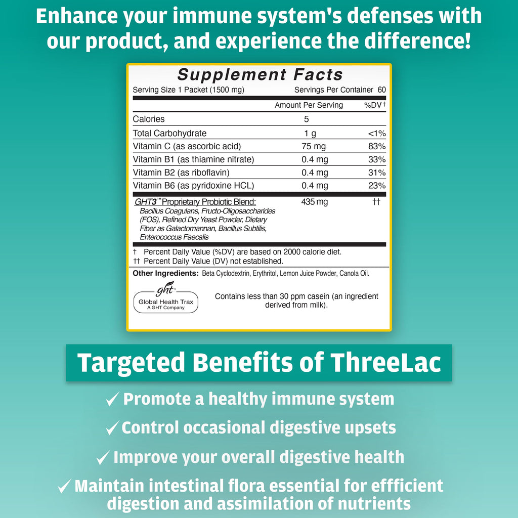 Global Health Trax ThreeLac Lemon Probiotic Drink Mix for Digestive Health - Advanced Probiotic Powder Formula for Men, Women, and Kids - Immune Support & Gut Balance, Non-GMO - 120 Packets ght Global Health TraxBuy Supplements Australia