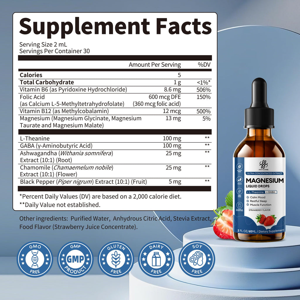 Liquid Magnesium Glycinate Drops for Nighttime Sleep & Calm Support, Triple Chelated Magnesium Complex with L-Theanine & GABA, Pre-Dissolved Liquid for Gentle Absorption, Strawberry Flavor, 2 Fl Oz iMATCHMEBuy Supplements Australia