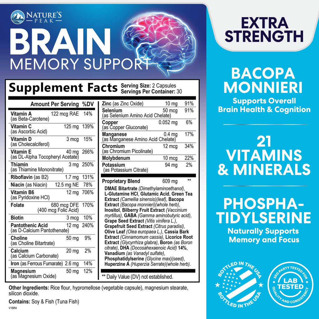 Brain Memory Supplement - 3X Strength Nootropics for Concentration, Clarity & Focus Support - Brain Health Cognitive Vitamins with Bacopa, Phosphatidylserine & DMAE, Brain Booster Pills, 60 Capsules Nature's PeakBuy Supplements Australia