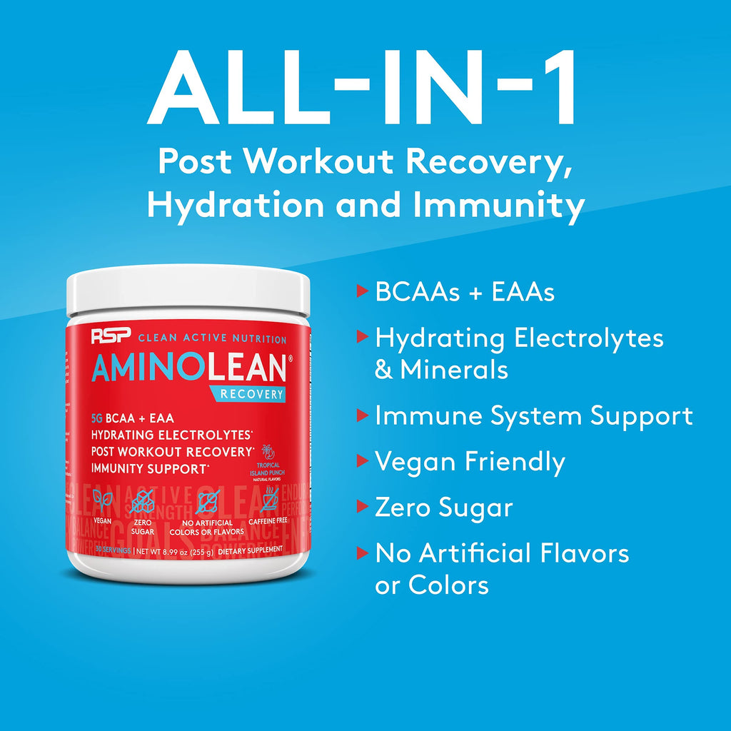 RSP NUTRITION AminoLean Pre Workout Energy (Watermelon 30 Servings) with AminoLean Recovery Post Workout Boost (Tropical Island Punch 30 Servings)