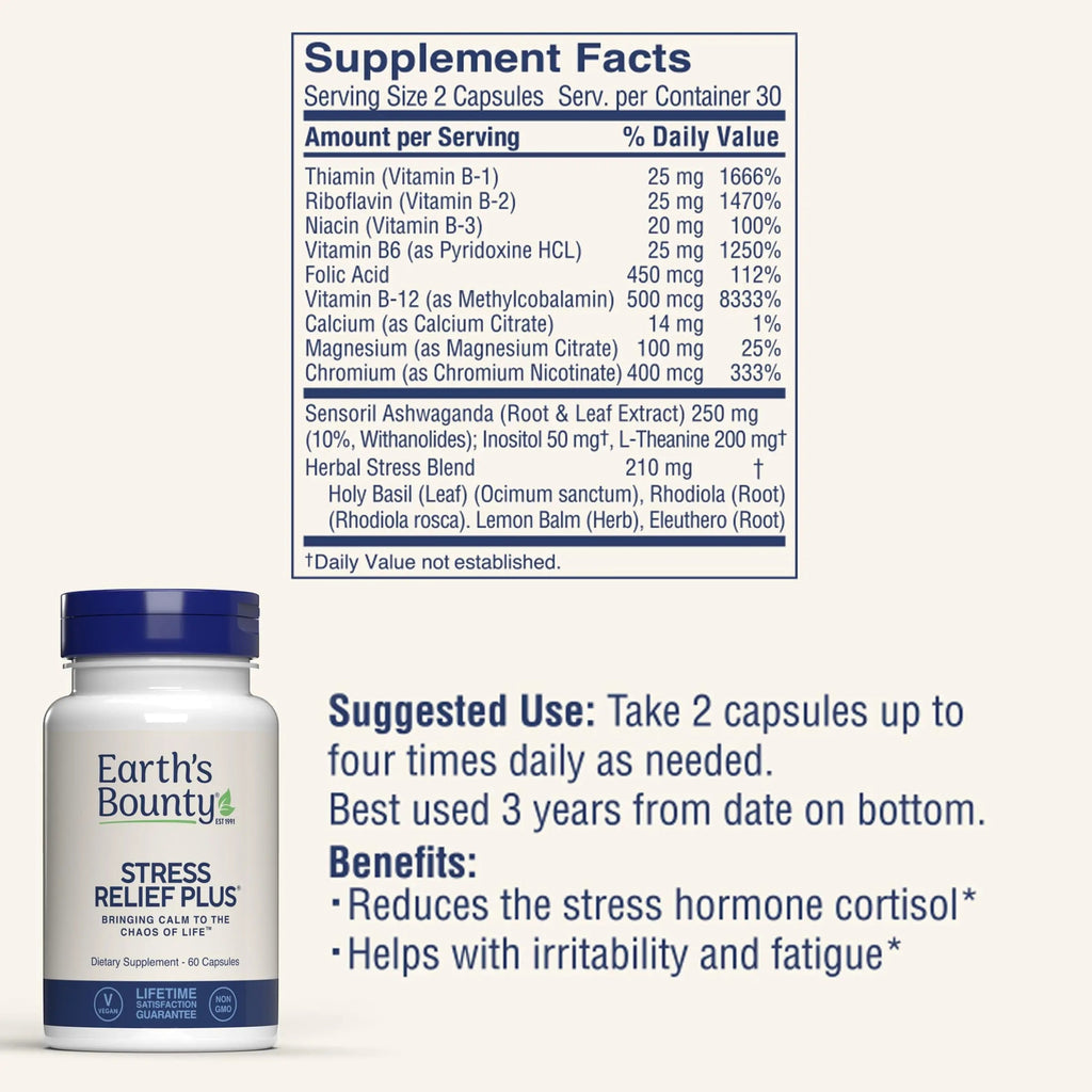 Earth's Bounty - Stress Relief Plus - 60 Vegetarian Capsules - All Natural Formula - Stress Support & Mood Enhancing Supplement Earth's BountyBuy Supplements Australia