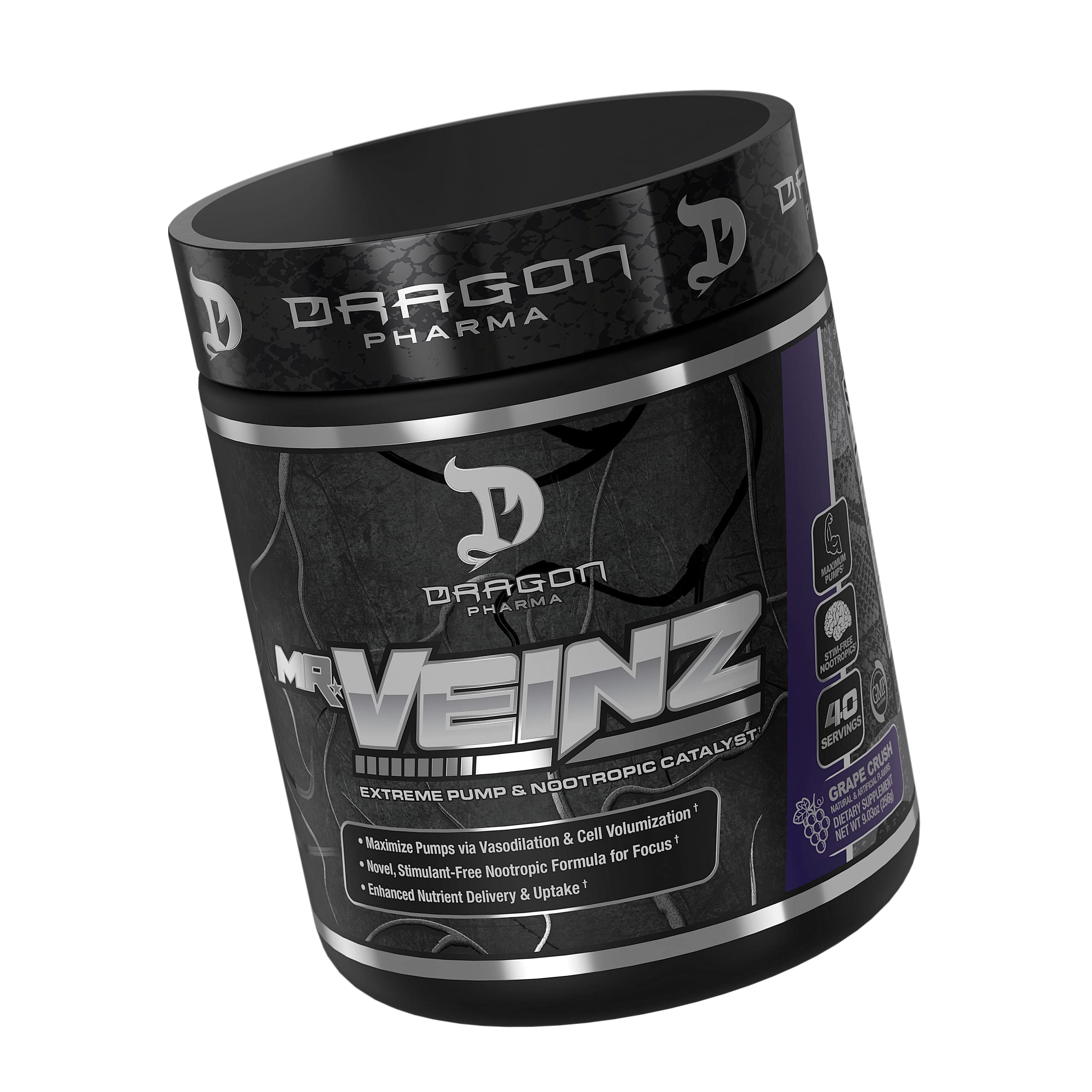 DRAGON PHARMA Mr. Veinz Stim Free Pre-Workout, Extreme Pump & Nootropic Catalyst, Maximize Pumps via Vasodilation & Cell Volumization, Stimulant-Free Formula for Focus (40 Servings, Grape Crush)