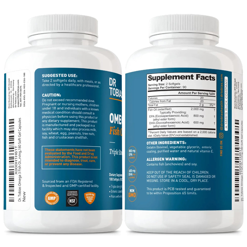 Dr. Tobias Omega 3 Fish Oil 2000mg Triple Strength with 800mg EPA 600mg DHA Per Serving | Fish Oil Omega 3 Supplements for Heart Brain & Immune Support - 180 Softgels (90 Servings) Dr. TobiasBuy Supplements Australia