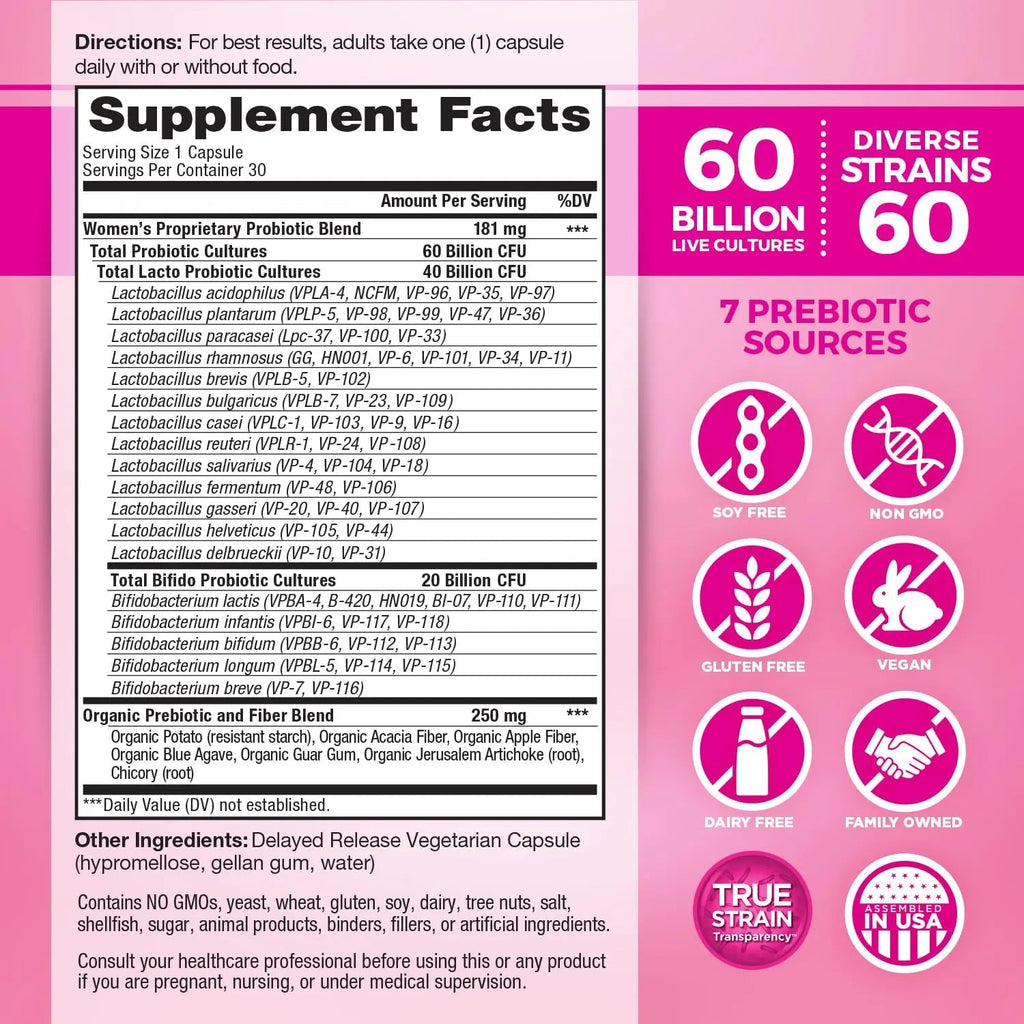 Vital Planet - Vital Flora Women’s Daily Probiotic 60 Billion CFU, 60 Diverse Strains, 7 Organic Prebiotics, Vaginal and Immune Support, Bloating, Digestive Health Probiotics for Women 30 Capsules Vital PlanetBuy Supplements Australia