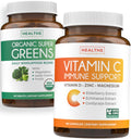 Two supplement bottles labeled 'Organic Super Greens' and 'Vitamin C Immune Support' on a white background.
