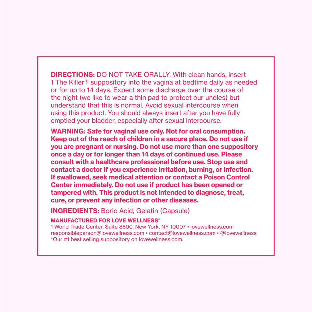 Love Wellness The Killer | 600mg Boric Acid Vaginal Suppositories | Balances pH & Supports Odor Control, a Healthy Vaginal Balance | Fast-Acting & Fragrance-Free | Gentle & Effective | 28 Ct Love WellnessBuy Supplements Australia