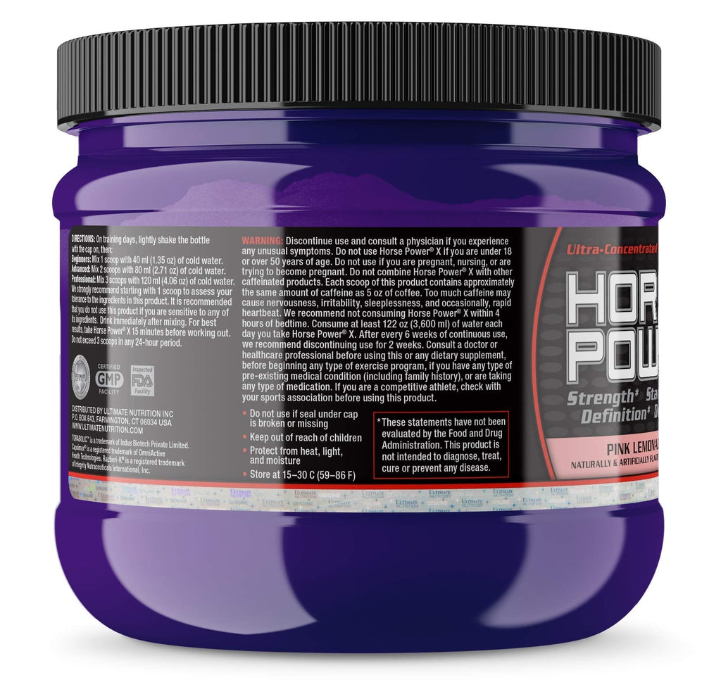 Ultimate Nutrition Horse Power X, Concentrated Pre Workout Supplement, Creatine and Vitamin B12, Support Strength, Pink Lemonade, 7.94oz (225g)