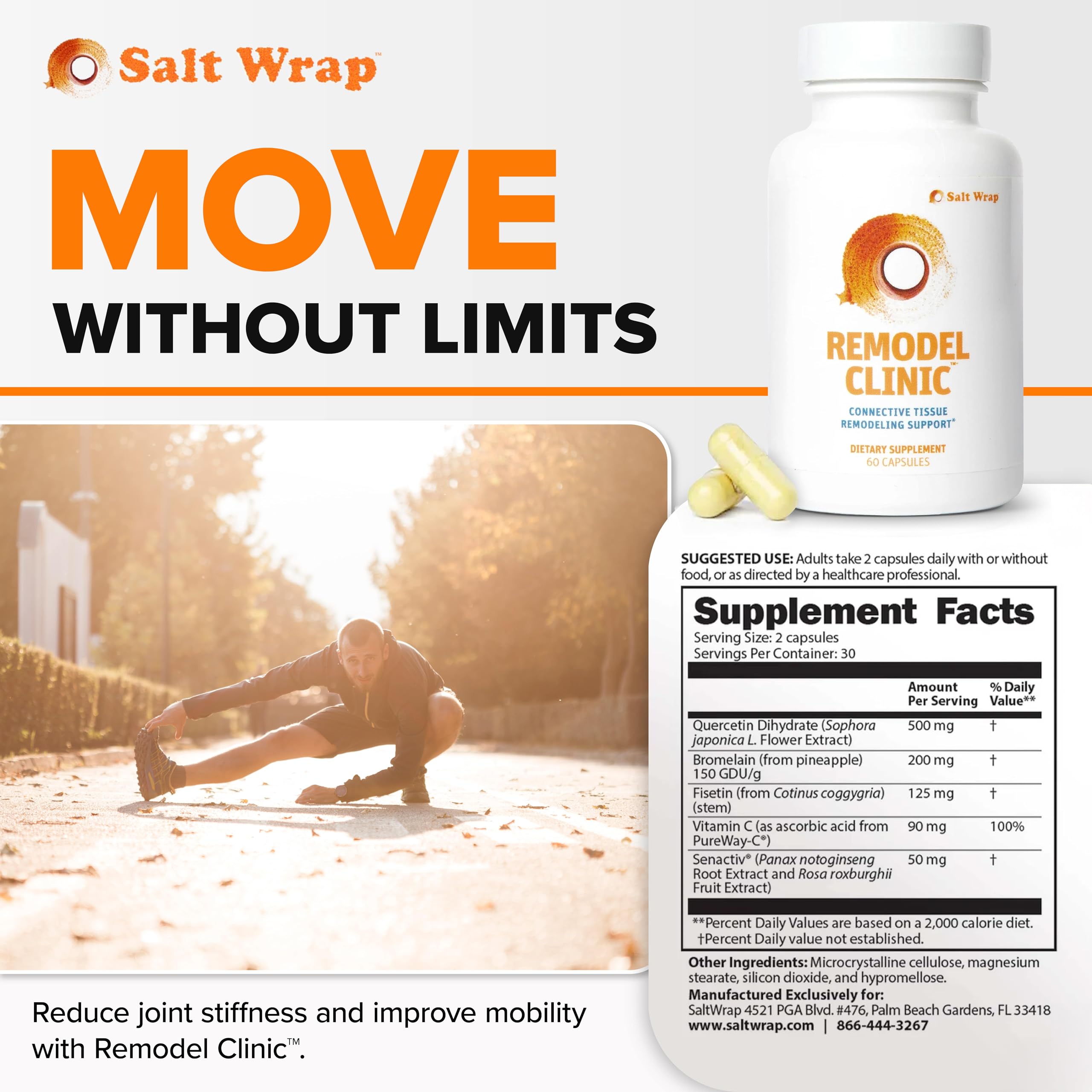 SaltWrap Remodel Clinic - Joint Remodeling Supplement for Senescent Cell Removal and Scar Tissue - Improve Mobility, Reduce Connective Tissue Stiffness - Fisetin, Quercetin, Bromelain - 60 Capsules SaltWrapBuy Supplements Australia