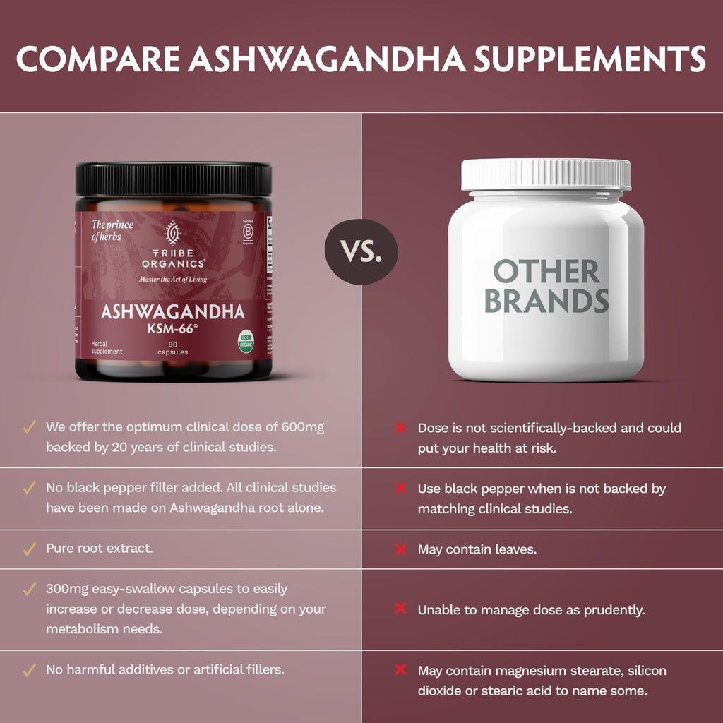 TRIBE ORGANICS Ashwagandha KSM 66 Pure Organic Root Powder Extract Ayurvedic Supplement - Focus Mood Support Increase Energy Strength 600mg of Natural KSM66 for Superior Absorption - 90 Capsules TRIBE ORGANICSBuy Supplements Australia