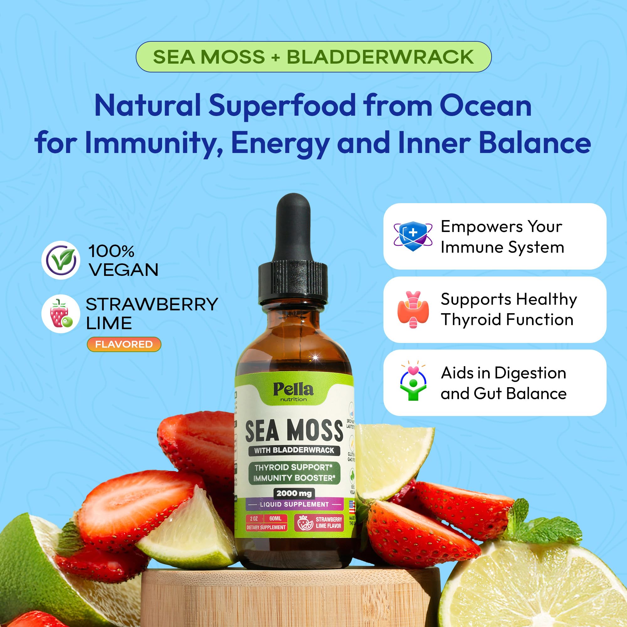 Pella Nutrition Sea Moss Drops with Bladderwrack – 4X Faster Absorption Than Irish Sea Moss Gel Superfood, Gummies, and Capsules – Digestive & Immune Support Supplement (Strawberry Lime, 60mL) Pella NutritionBuy Supplements Australia