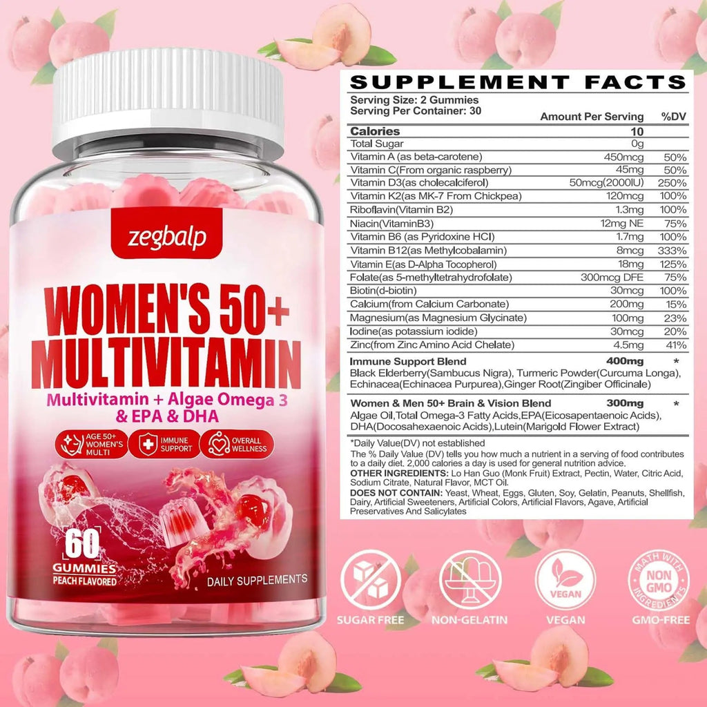 ZEGBALP Sugar-Free Womens Multivitamin 50 Plus Gummies with Calcium, Magnesium, Zinc, Vitamin A, C, D3, E, K2, B Complex, Folate, Biotin ZEGBALP