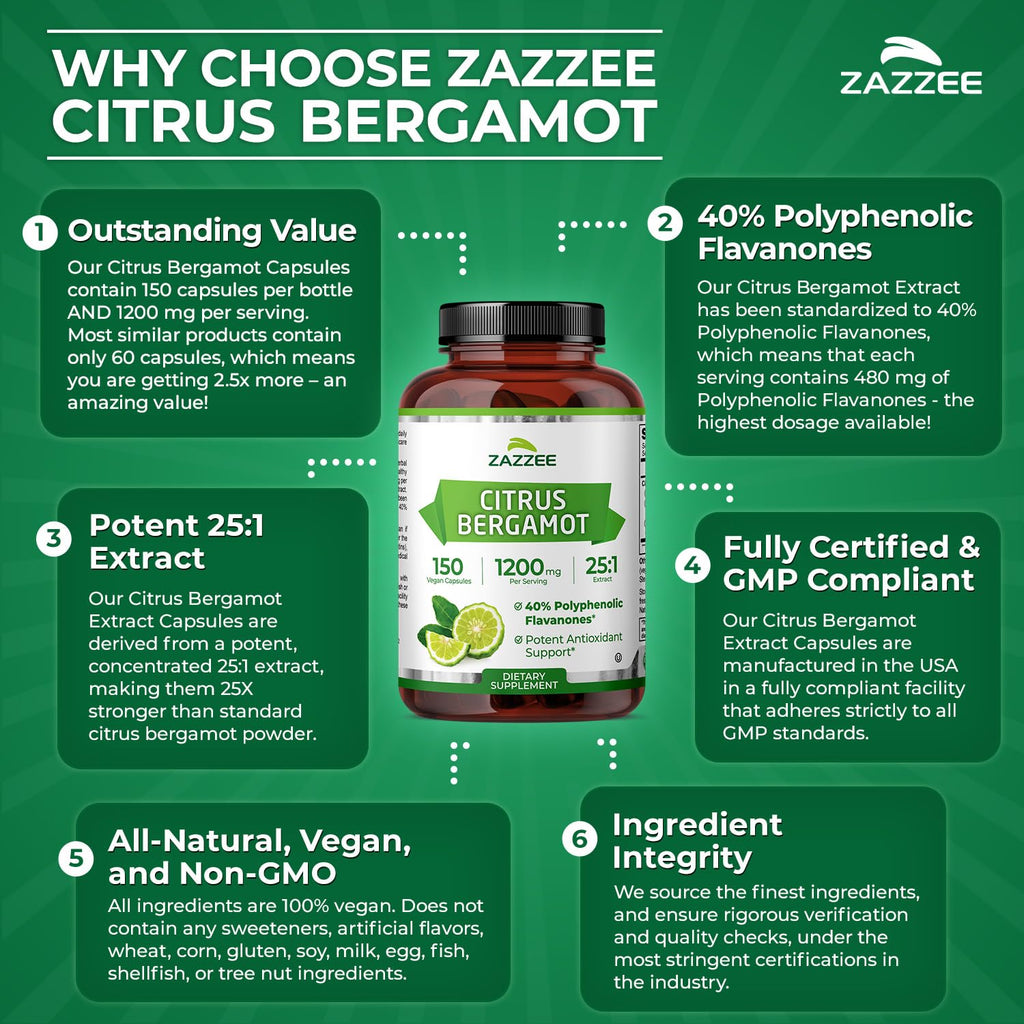 Zazzee Citrus Bergamot 25:1 Extract, 1200 mg Per Serving, 40% Polyphenolic Flavanones, 150 Vegan Capsules, 5 Month Supply, Citrus Bergamia, Antioxidant Support, Certified Kosher, Non-GMO, Made in USA ZazzeeBuy Supplements Australia
