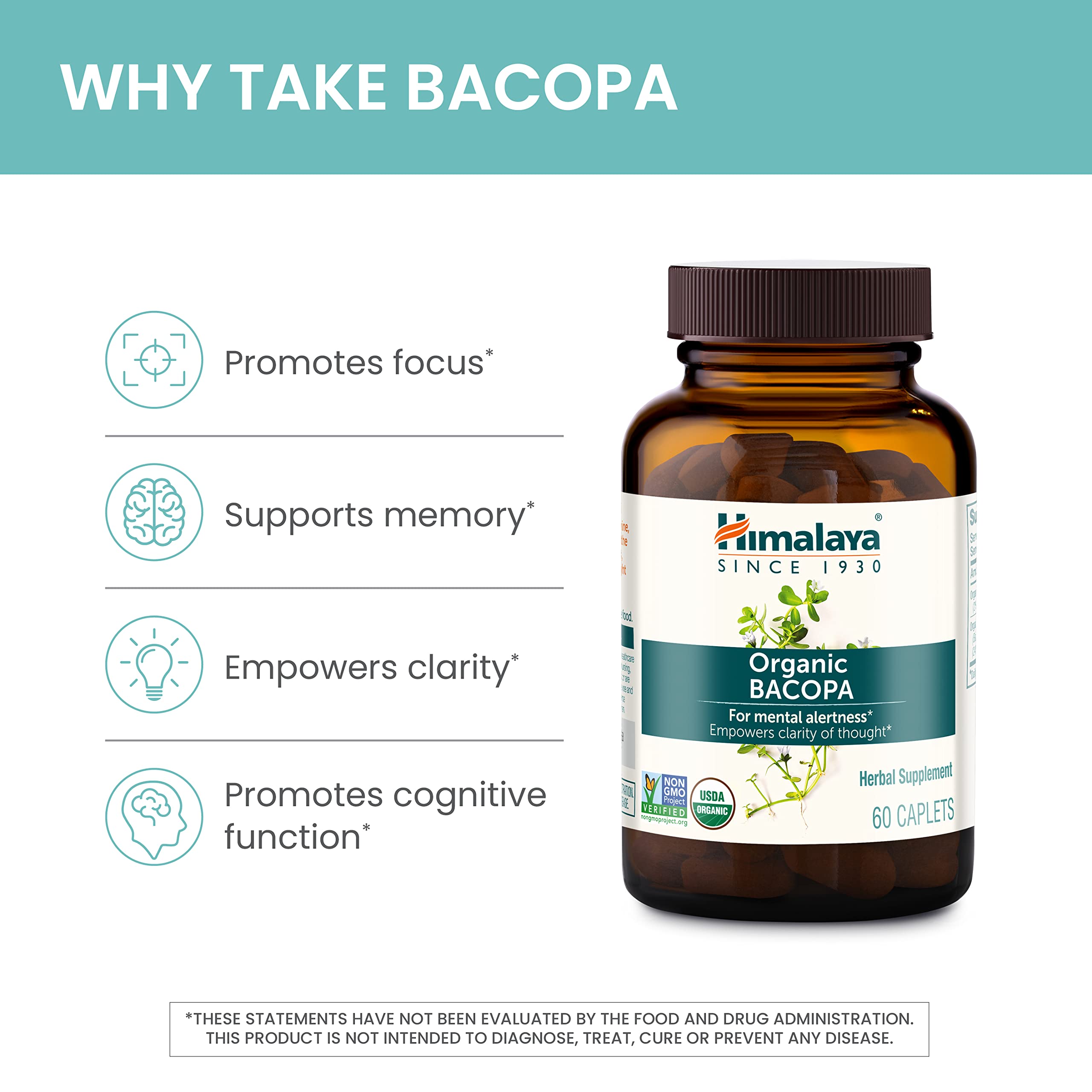 Himalaya Bacopa Monnieri Nootropic Herbal Supplement, Supports Calm, Memory, Cognition, USDA Certified Organic, Non-GMO, 750 mg, 60 Plant-Based Caplets, 60 Day Supply HimalayaBuy Supplements Australia