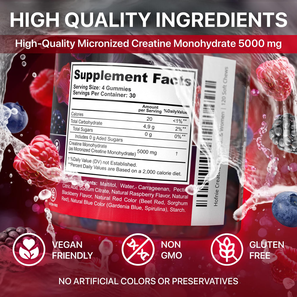Hofnie Creatine Monohydrate Gummies 5000 mg – Vegan, Sugar-Free Pre Workout Creatine for Men & Women – Raspberry & BlackBerry Flavored Chewable Creatine Monohydrate, 120 Gummies (30-Day Supply) HofnieBuy Supplements Australia