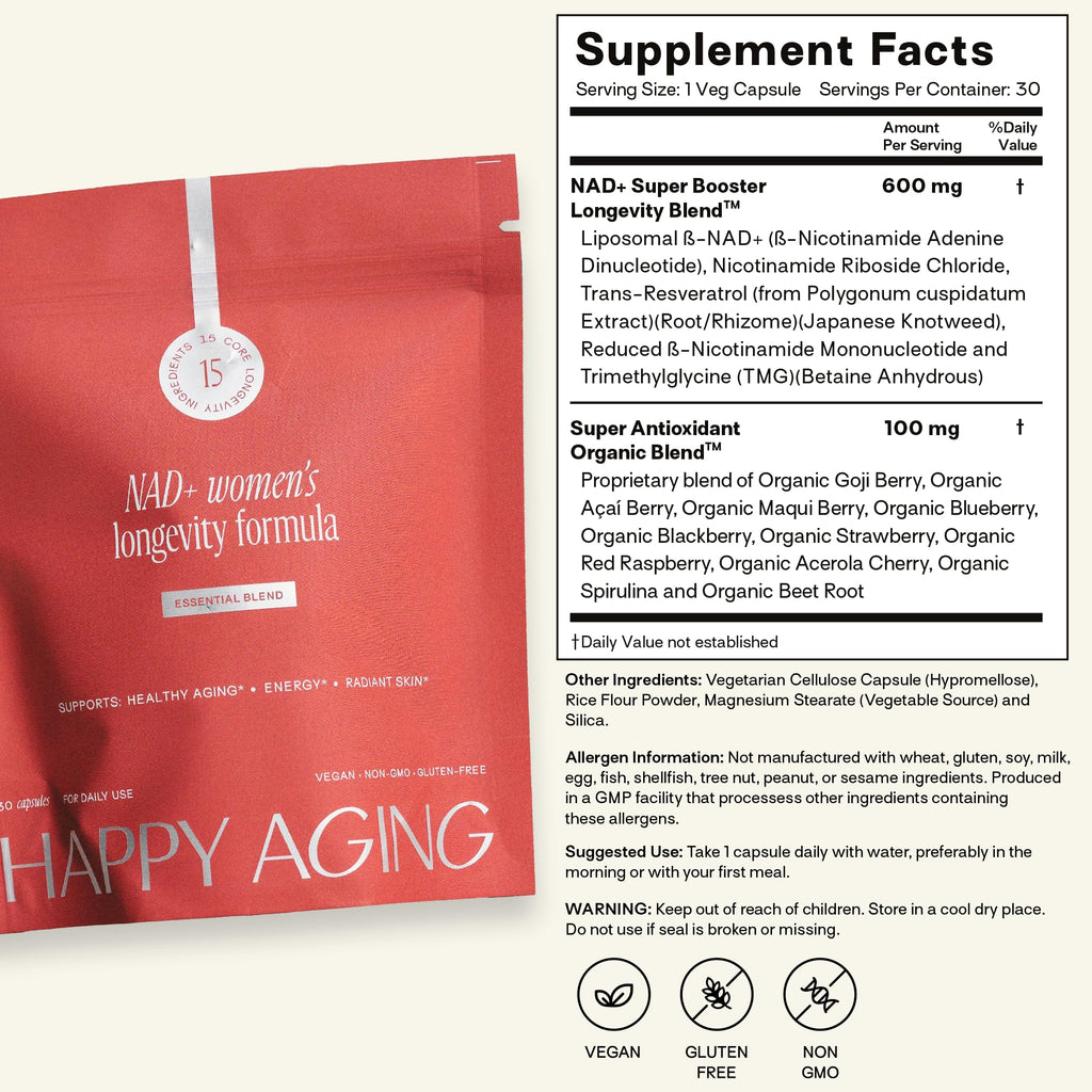 Happy Aging Essential Longevity Formula, NAD+ Super Booster with NR, NMNH & Liposomal β-NAD+, Organic Antioxidant Superfruit Blend for Cellular Energy, Skin Hydration & Daily Vitality, 30 Capsules Happy AgingBuy Supplements Australia