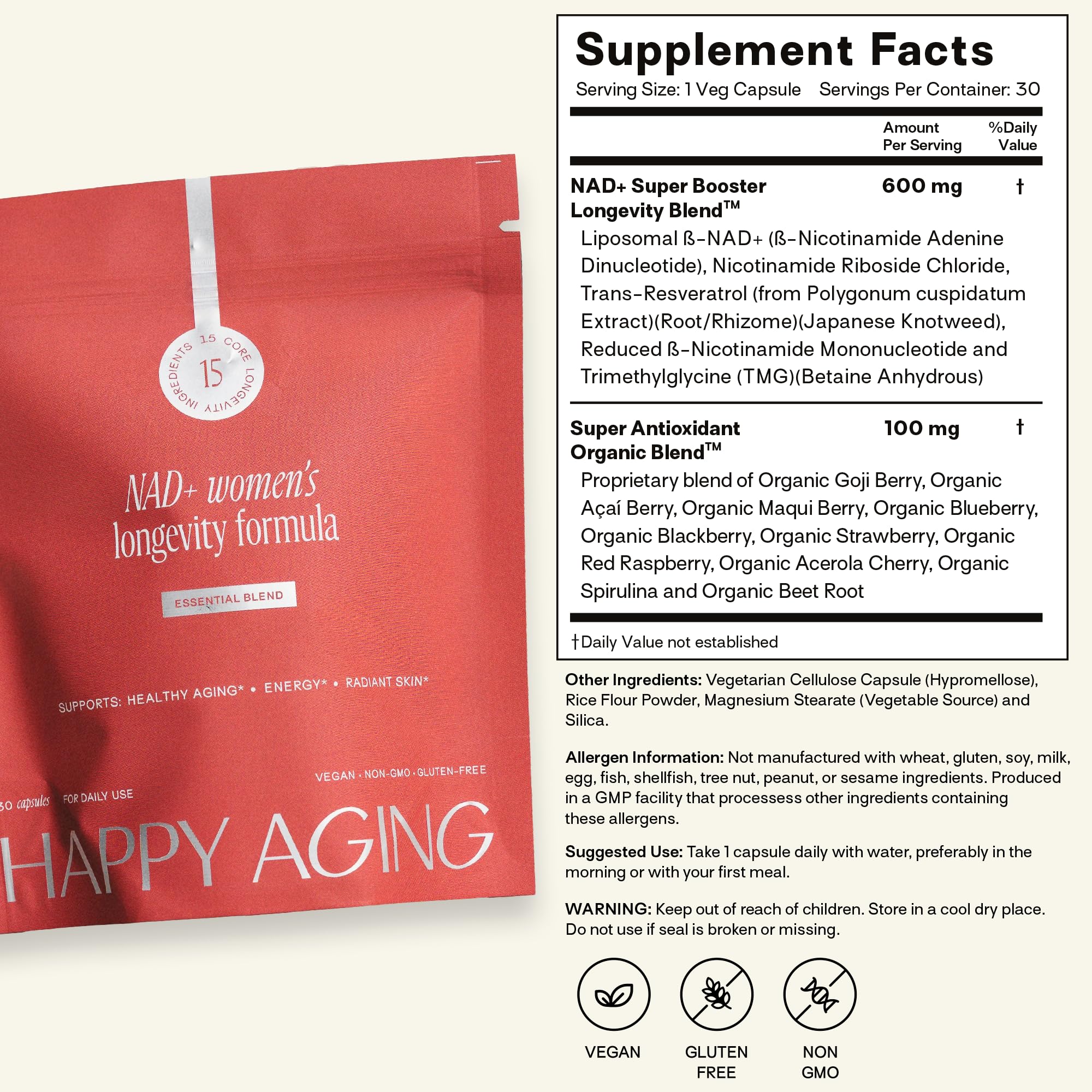 Happy Aging Essential Longevity Formula, NAD+ Super Booster with NR, NMNH & Liposomal β-NAD+, Organic Antioxidant Superfruit Blend for Cellular Energy, Skin Hydration & Daily Vitality, 30 Capsules Happy AgingBuy Supplements Australia