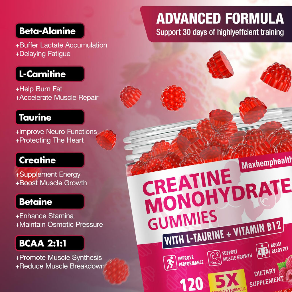 Creatine Gummies for Men & Women, Creatine Monohydrate Gummies 5g, Build Muscle, Strength, Recovery, Cognitive Health & Memory, Pre Workout Supplement, 120 Count Raspberry Chewable Gummy MaxhemphealthBuy Supplements Australia