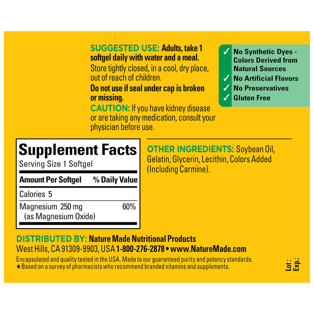 Nature Made Magnesium 250 mg, Magnesium Supplements for Men and Women, Support for Muscle, Heart, Bone and Nerve Health, 90 Softgels, 90 Day Supply Nature MadeBuy Supplements Australia