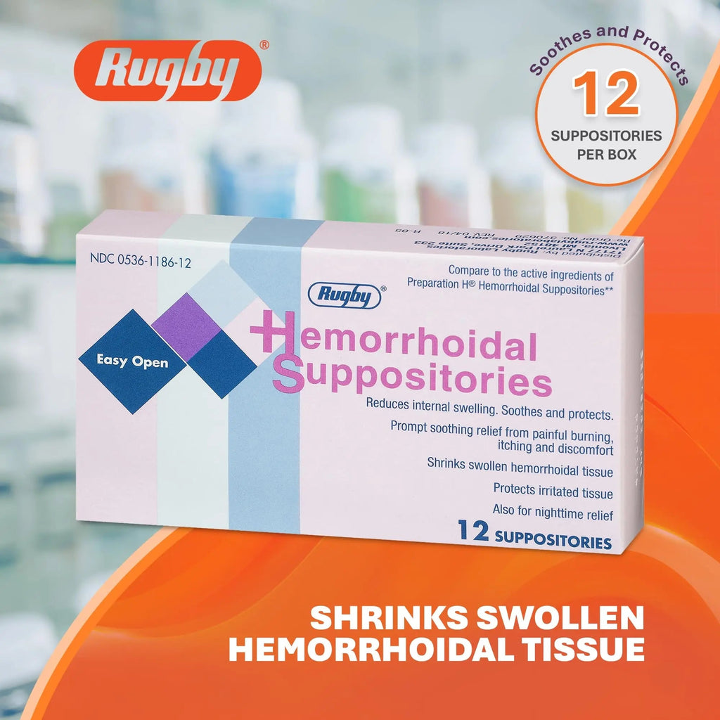 Rugby Hemorrhoidal Suppositories - Soothing and Shrinking Action for Internal Hemorrhoids with Cocoa Butter and Phenylephrine HCl, Easy Open Design - 12 Count RUGBY LABORATORIESBuy Supplements Australia