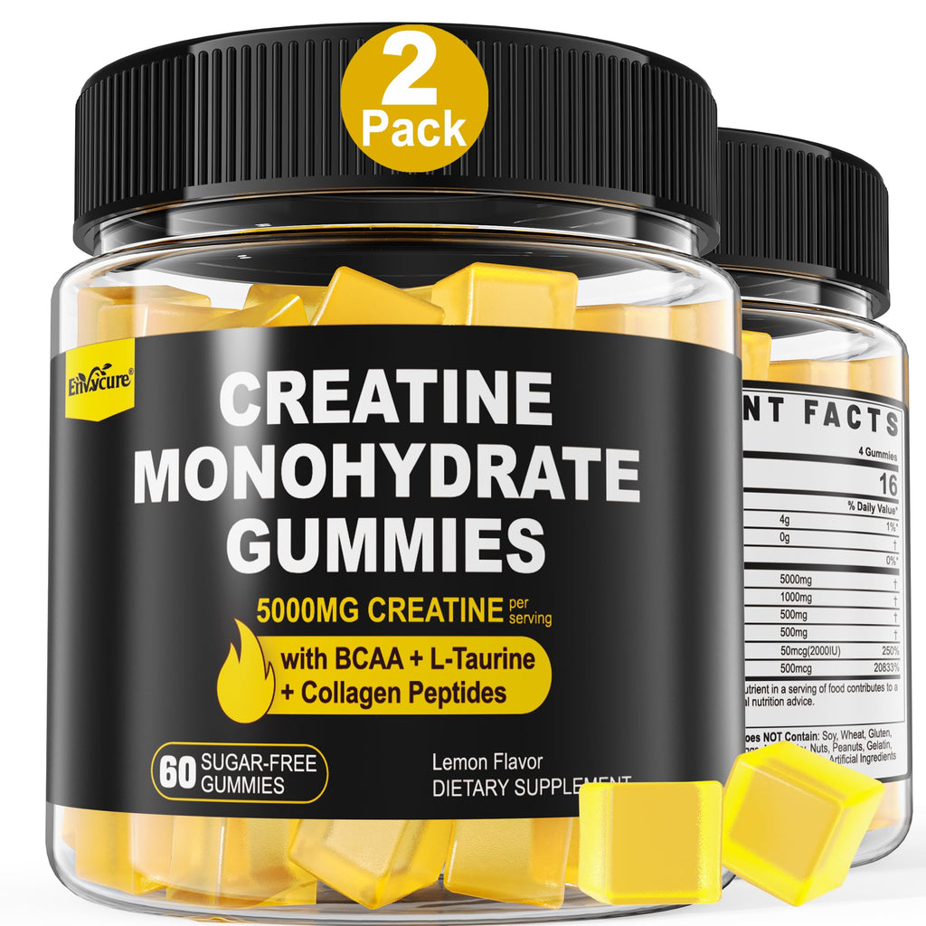 Creatine Monohydrate Gummies for Men & Women - with BCAA, Collagen Peptides, L-Taurine, Vitamin B12, D3, Chewables Creatine Monohydrate 5g Per Serving, Natural Lemon Flavor, Sugar Free, 2 Pack EnvyCureBuy Supplements Australia