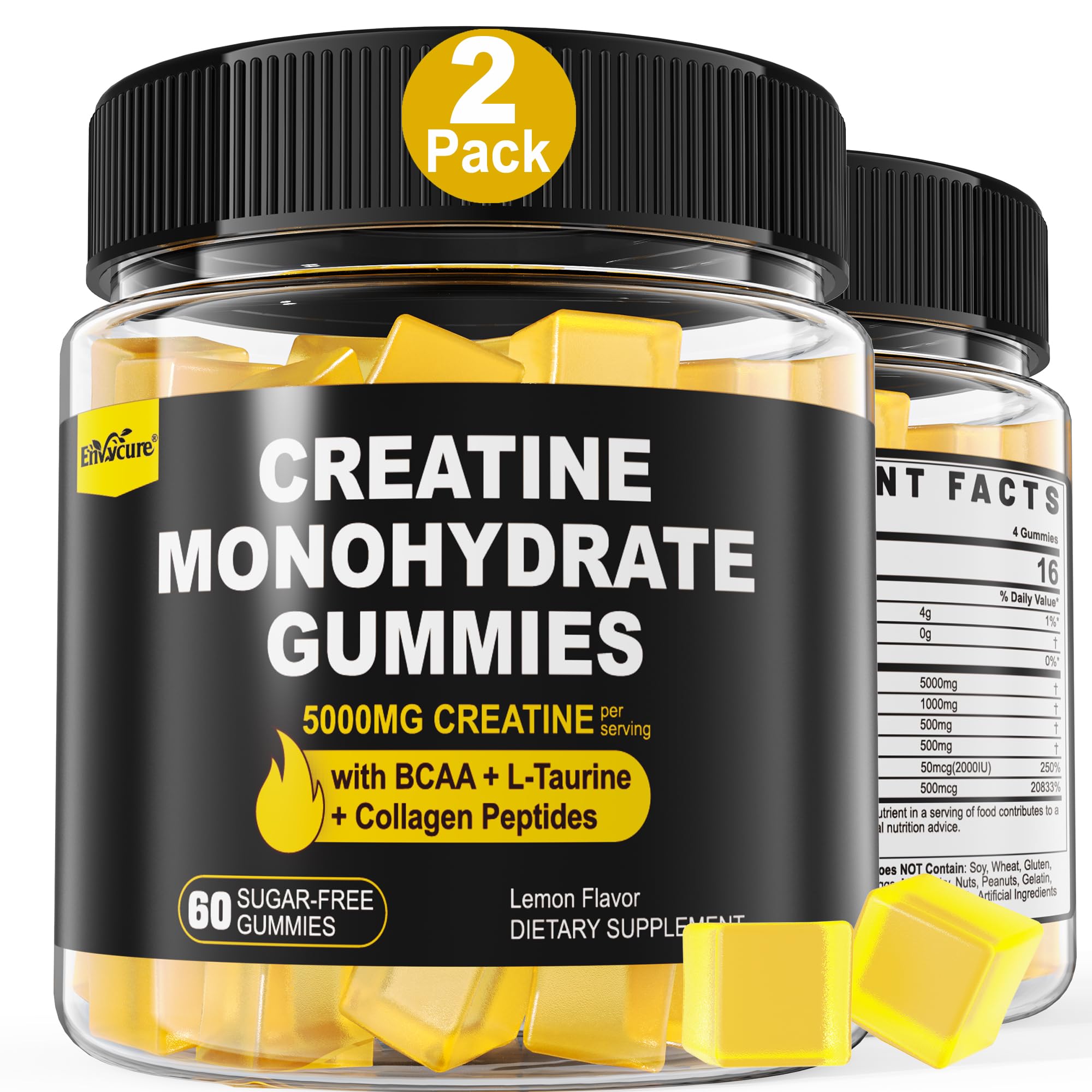 Creatine Monohydrate Gummies for Men & Women - with BCAA, Collagen Peptides, L-Taurine, Vitamin B12, D3, Chewables Creatine Monohydrate 5g Per Serving, Natural Lemon Flavor, Sugar Free, 2 Pack EnvyCureBuy Supplements Australia