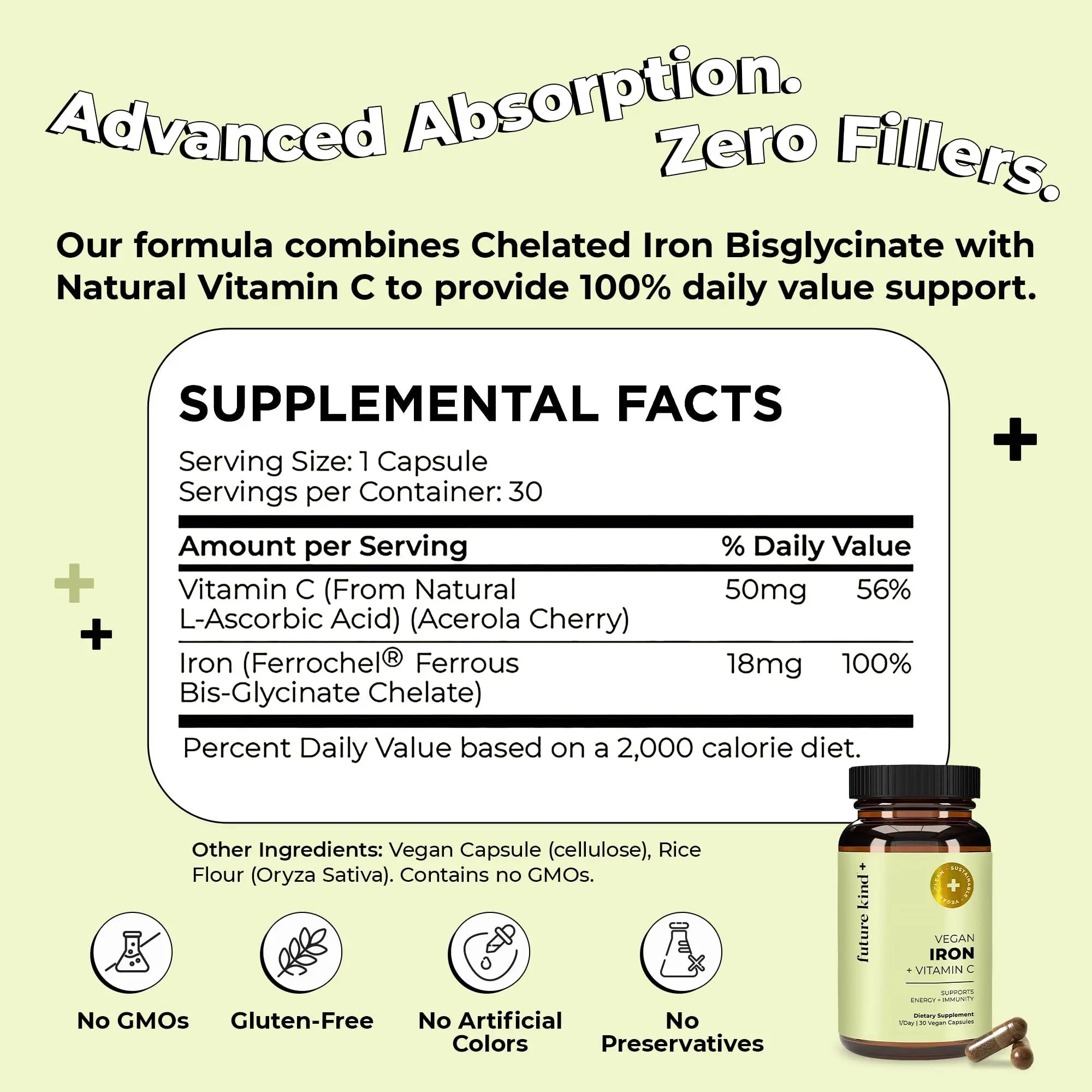 Future Kind Iron Supplement for Women and Men, Daily Energy & Focus, Chelated Iron Bisglycinate, 18mg 100% DV with Vitamin C for Absorption - Gentle on Stomach, Non-GMO Vegan Capsules, 30 Day Supply Future Kind buy supplements Au