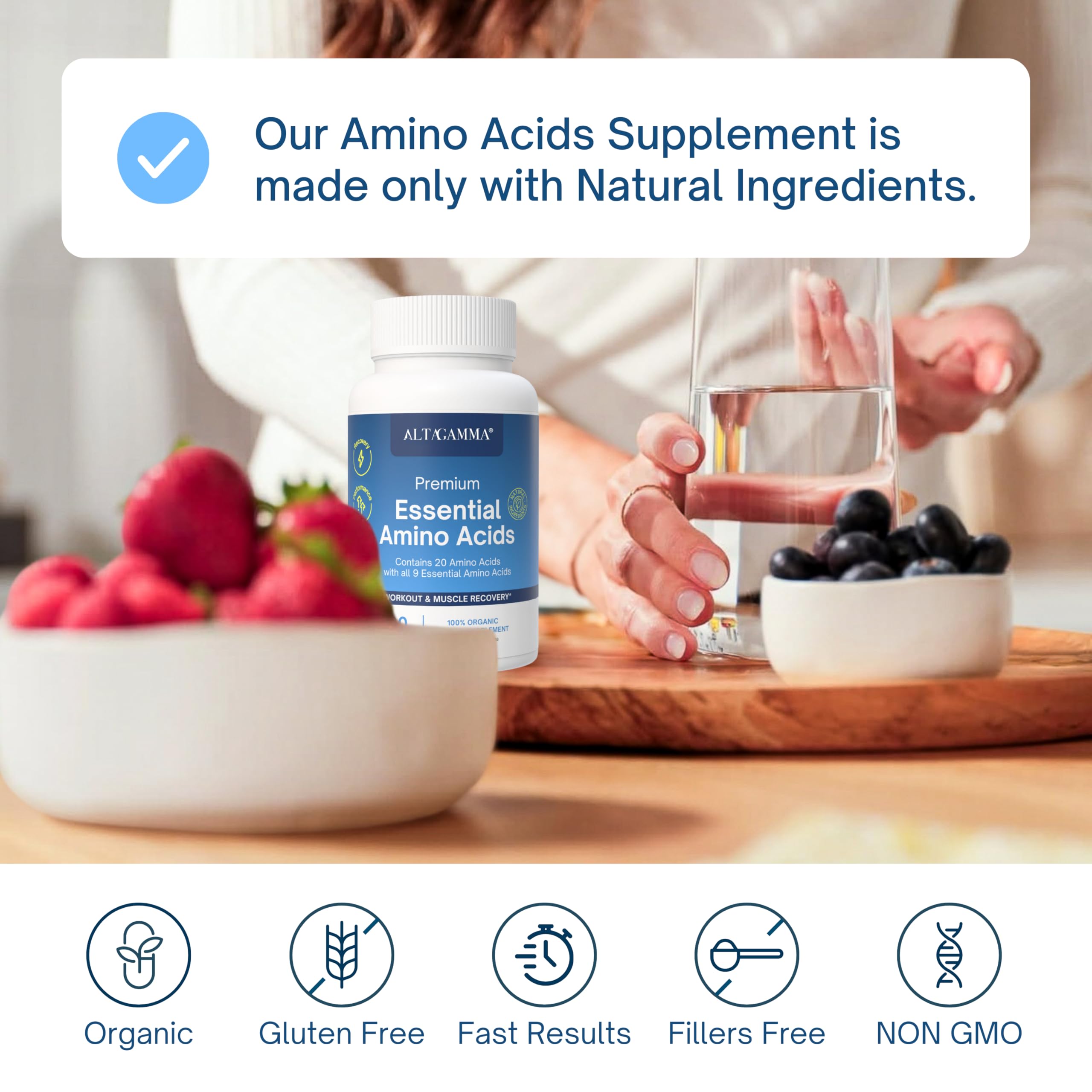 ALTAGAMMA Pure Amino Acids Complex - Protein for Pre/Post Workout, Energy & Muscle Recovery - 9 Essential Amino Acids Supplement (EAA) & BCAAs - Leucine, Lysine, L Tyrosine, L Arginine, 60 Capsules ALTAGAMMA buy supplements Au