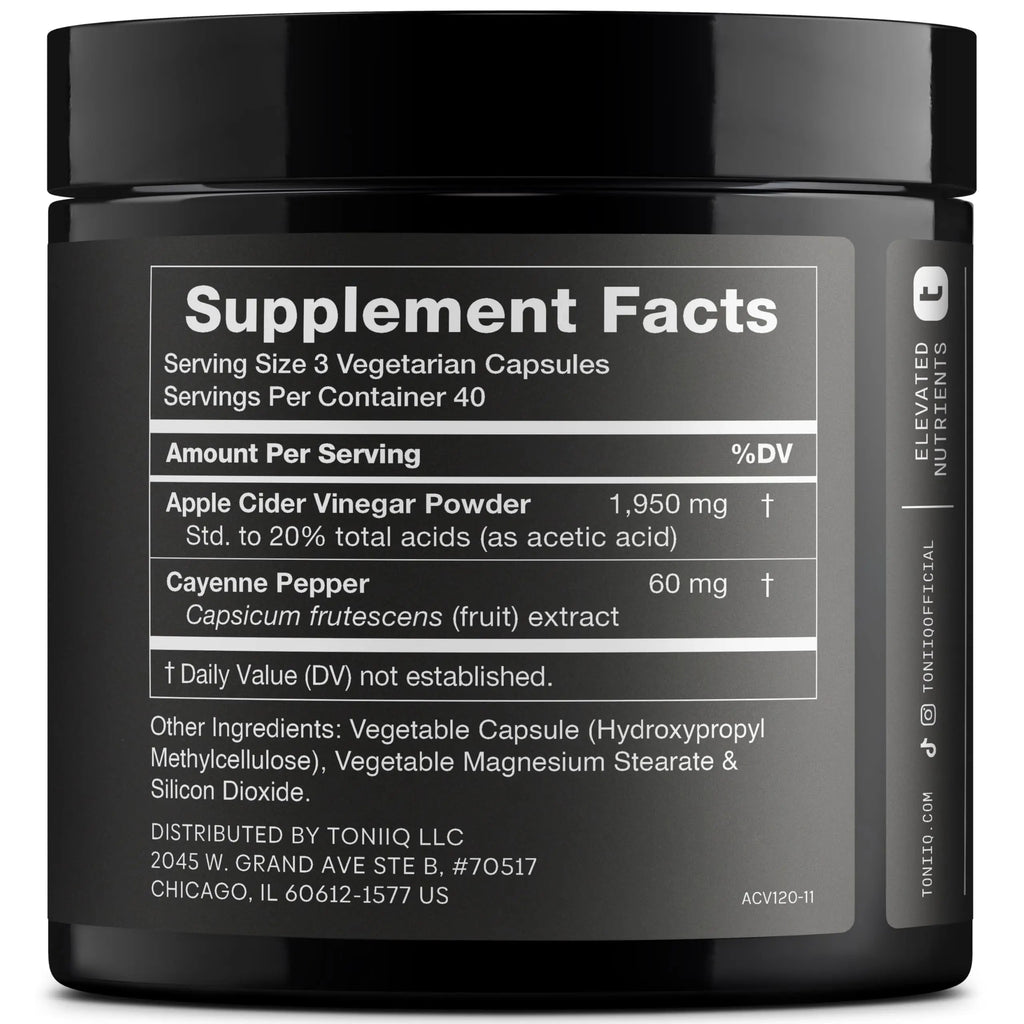 Toniiq Apple Cider Vinegar Capsules - Ultra High Potency 2,010mg Formula with 20% Acetic Acid & Cayenne Pepper - Made with The Mother - Third-Party Lab Tested - 120 Capsules Toniiq buy supplements Au