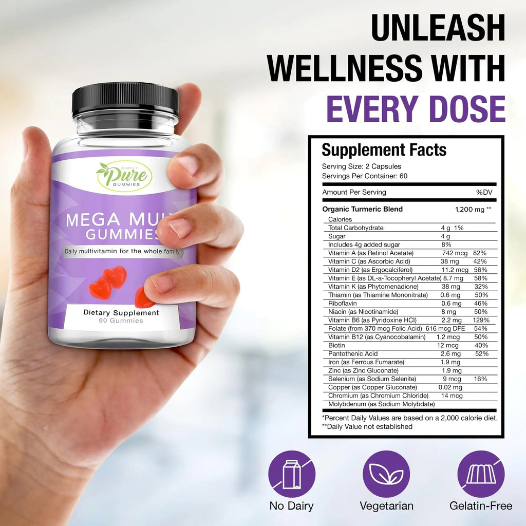 Pure By Nature Mega Multi Gummies, Multivitamin Gummies for Women & Men, Kids Multivitamin Gummies with A, D2, C, E, K, Biotin Pure By Nature