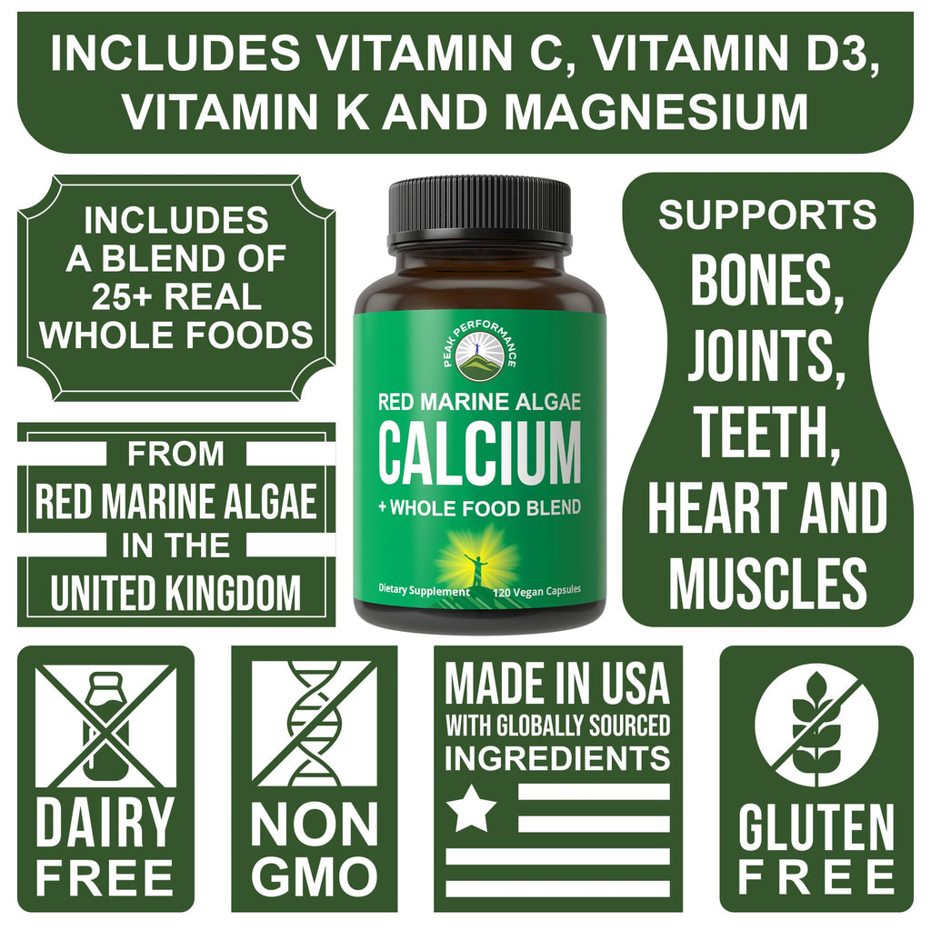 Plant Based Calcium - Red Marine Algae Calcium Supplement with Vitamin C, D3, K, Magnesium, and Whole Food Vegetable Blend. Vegan Capsules for Bones and Joints. 120 Pills, Tablets Peak PerformanceBuy Supplements Australia