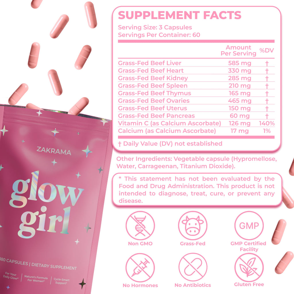 Beef Organ Supplement for Women – Grass-Fed Beef Liver, Ovary, Uterus & Organ Complex for Hormone Balance, Energy & PMS Support – Pasture-Raised + Vitamin C – 180 Capsules | Glow Girl | Zakrama ZakramaBuy Supplements Australia