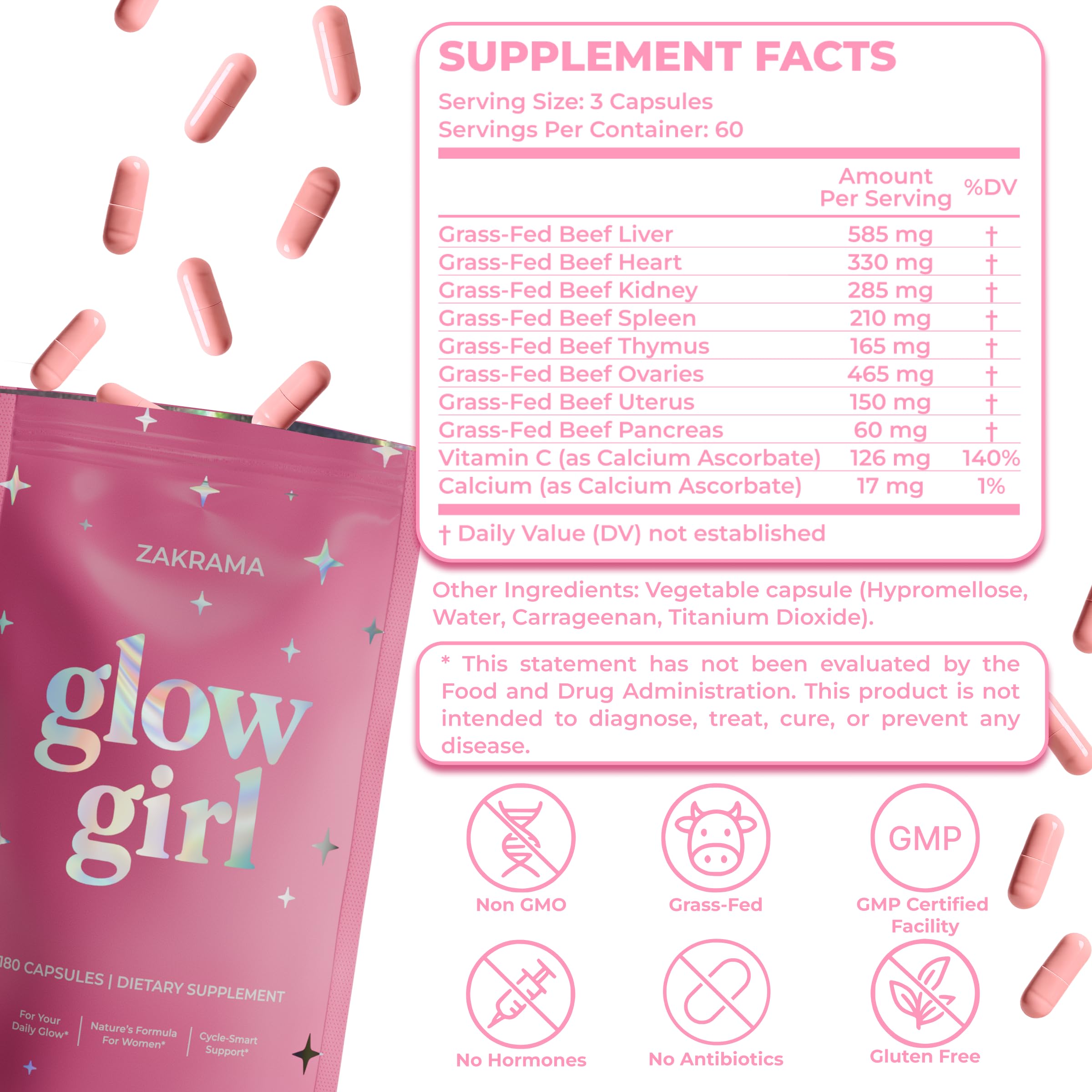 Beef Organ Supplement for Women – Grass-Fed Beef Liver, Ovary, Uterus & Organ Complex for Hormone Balance, Energy & PMS Support – Pasture-Raised + Vitamin C – 180 Capsules | Glow Girl | Zakrama ZakramaBuy Supplements Australia