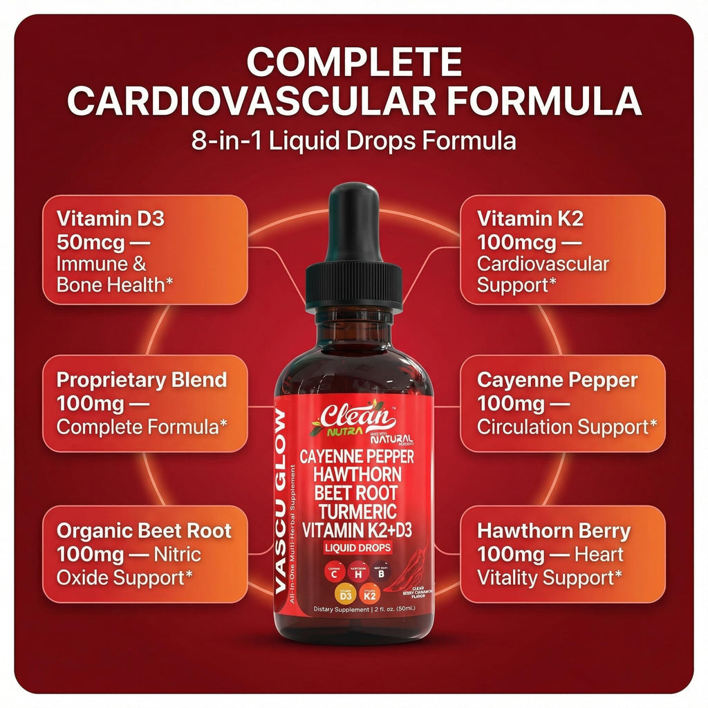 Clean Nutra Cayenne Pepper Drops Supplement Liquid + Hawthorn Berry, Vitamin D3 K2 Beet Root Powder, Ceylon Cinnamon, Turmeric Curcumin