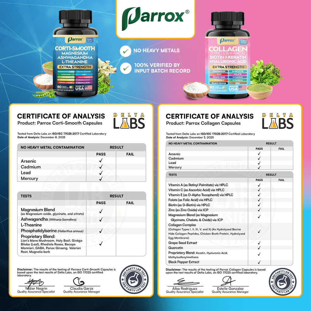 Parrox Shining Serenity Set, Cortisol Support with Ashwagandha, L-Theanine, Magnesium, Lions Mane, GABA, Bacopa Monnieri, Collagen I, II, III, V, X, Folate, Biotin, Keratin, Hyaluronic Acid, Quercetin ParroxBuy Supplements Australia