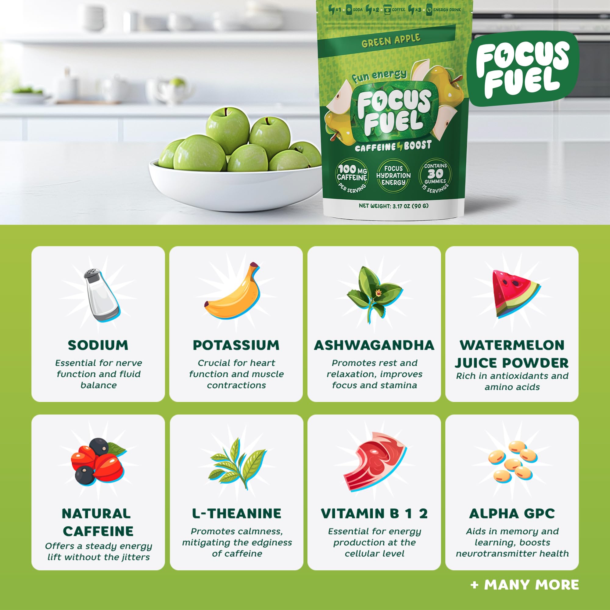 FocusFuel Energy Chews – Green Apple Flavor (15 Servings) – 100mg Caffeine + B12, Magnesium, Alpha GPC – Boost Focus & Energy – No Crash or Jitters FocusFuelBuy Supplements Australia